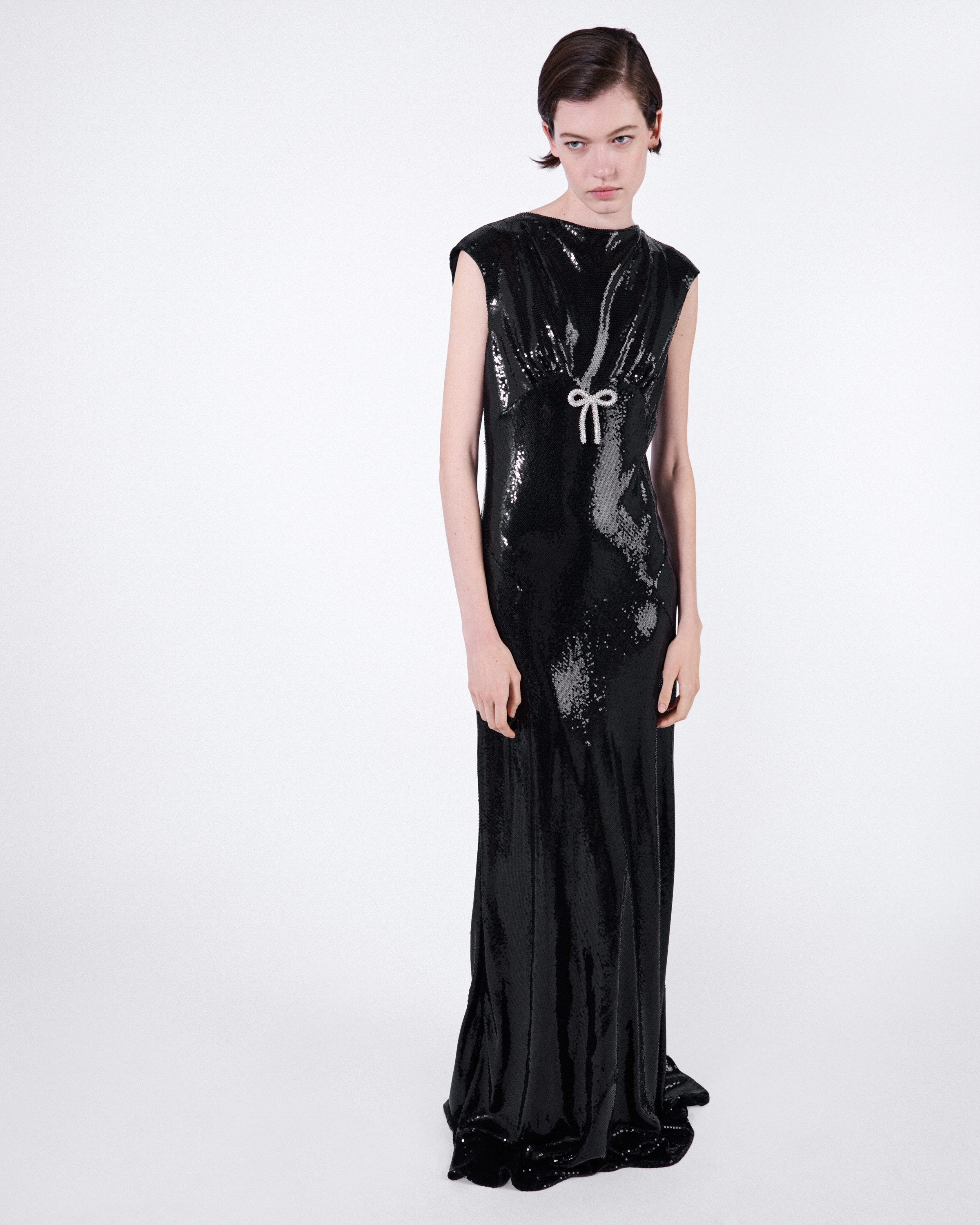 Black Sequined Satin Jersey Long Dress | PRADA