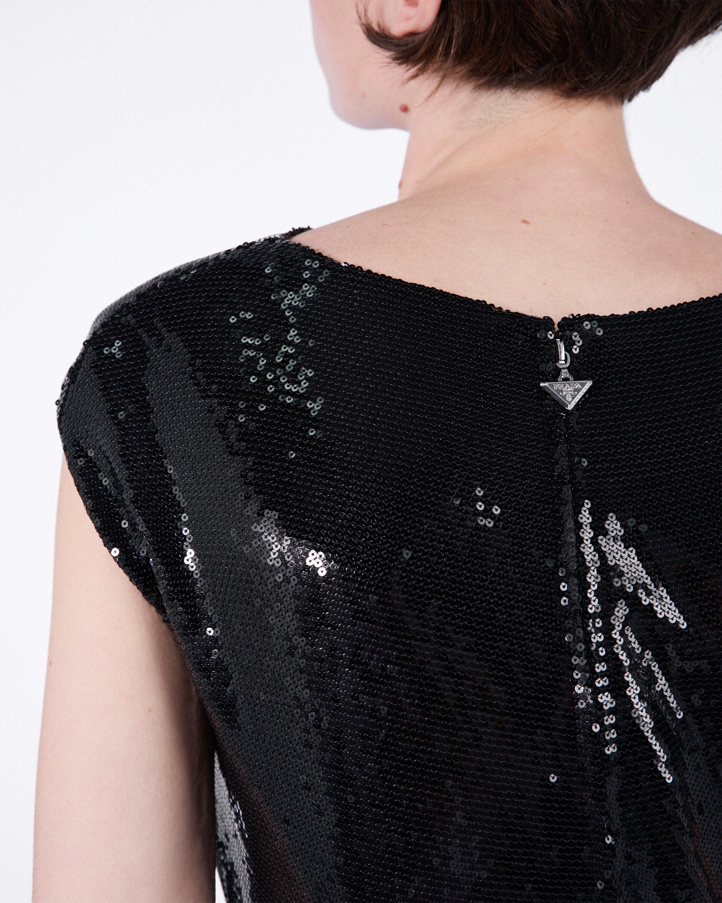 Black Sequined Satin Jersey Long Dress | PRADA
