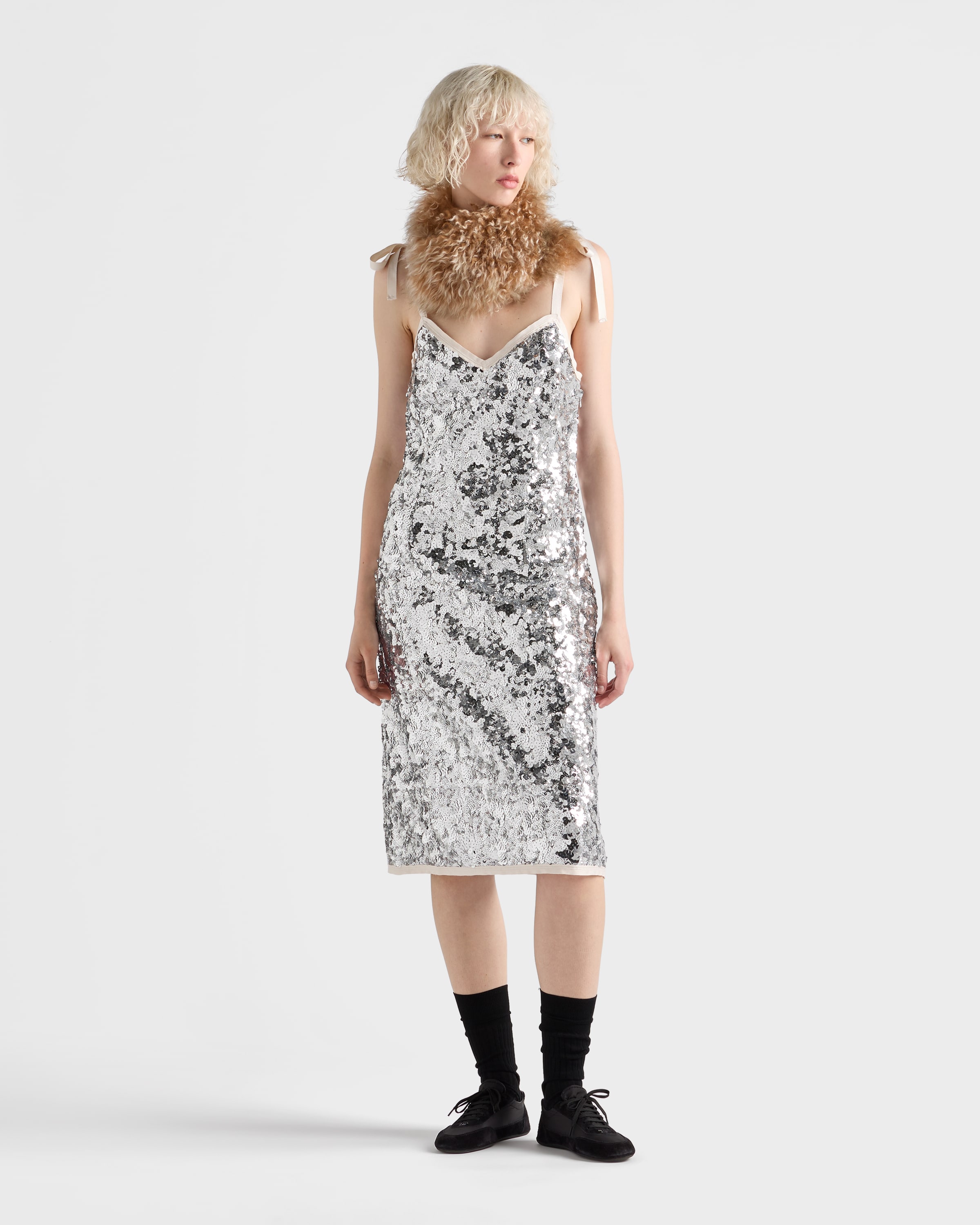 Prada Sequin Tie-shoulder Midi Dress In Silver