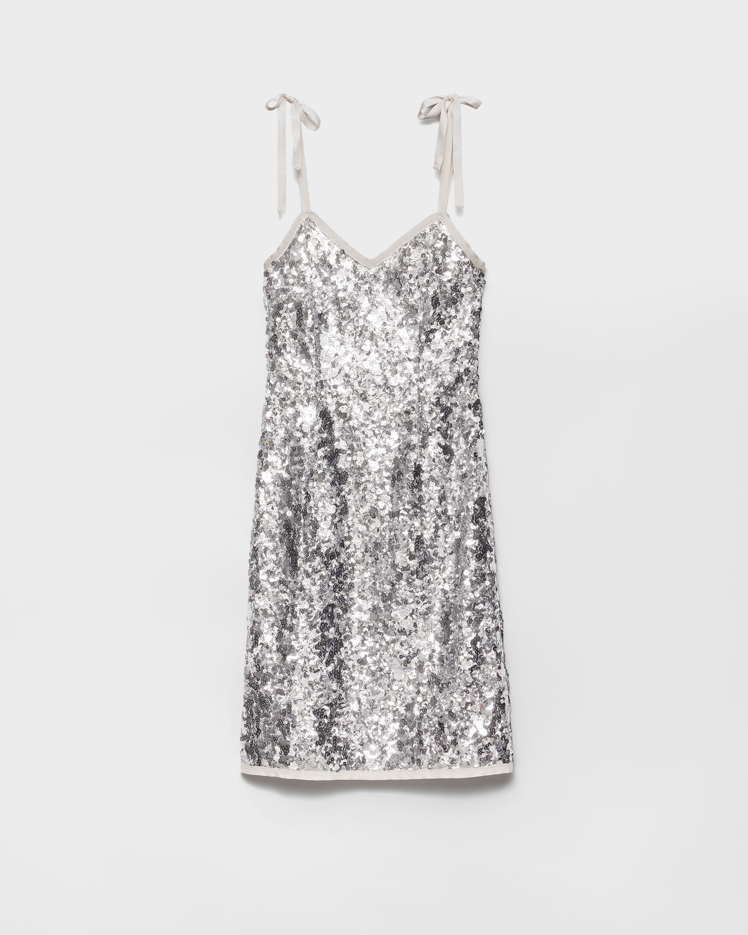 Prada Sequin Tie-shoulder Midi Dress In Silver