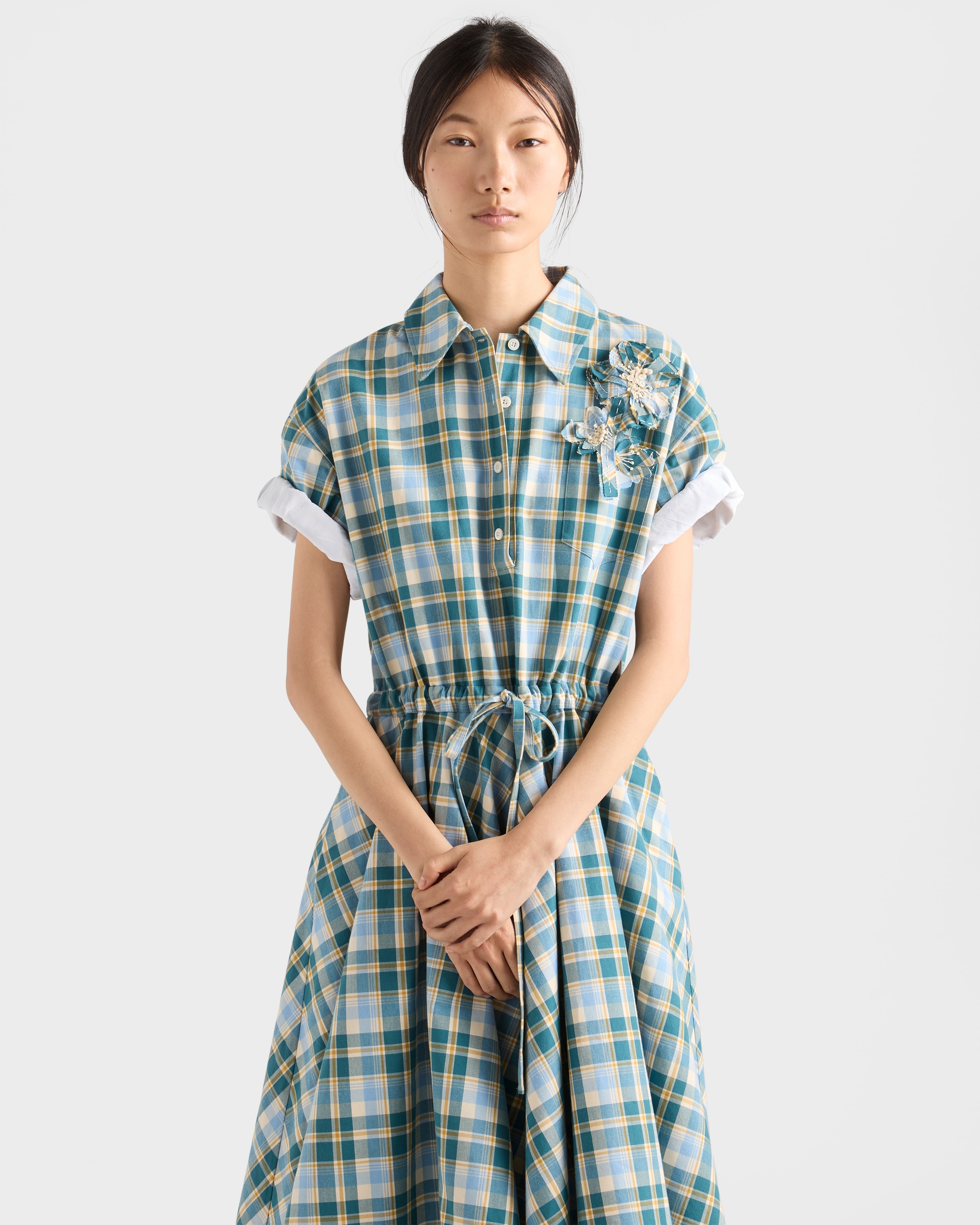 Natural/Teal Embroidered checked cotton dress | PRADA - United States