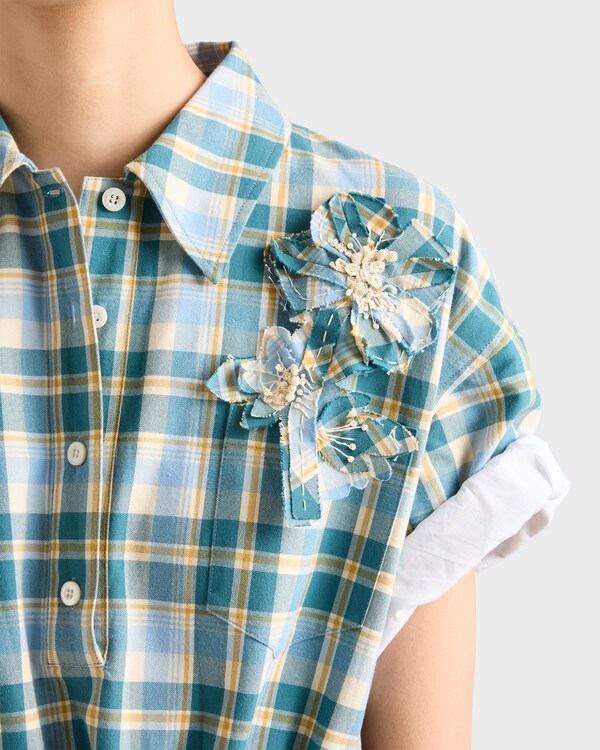 Vestido de algodón bordado con cuadros vichy - Natural/Verde azulado Vestido de algodón bordado con cuadros vichy - Natural/Verde azulado