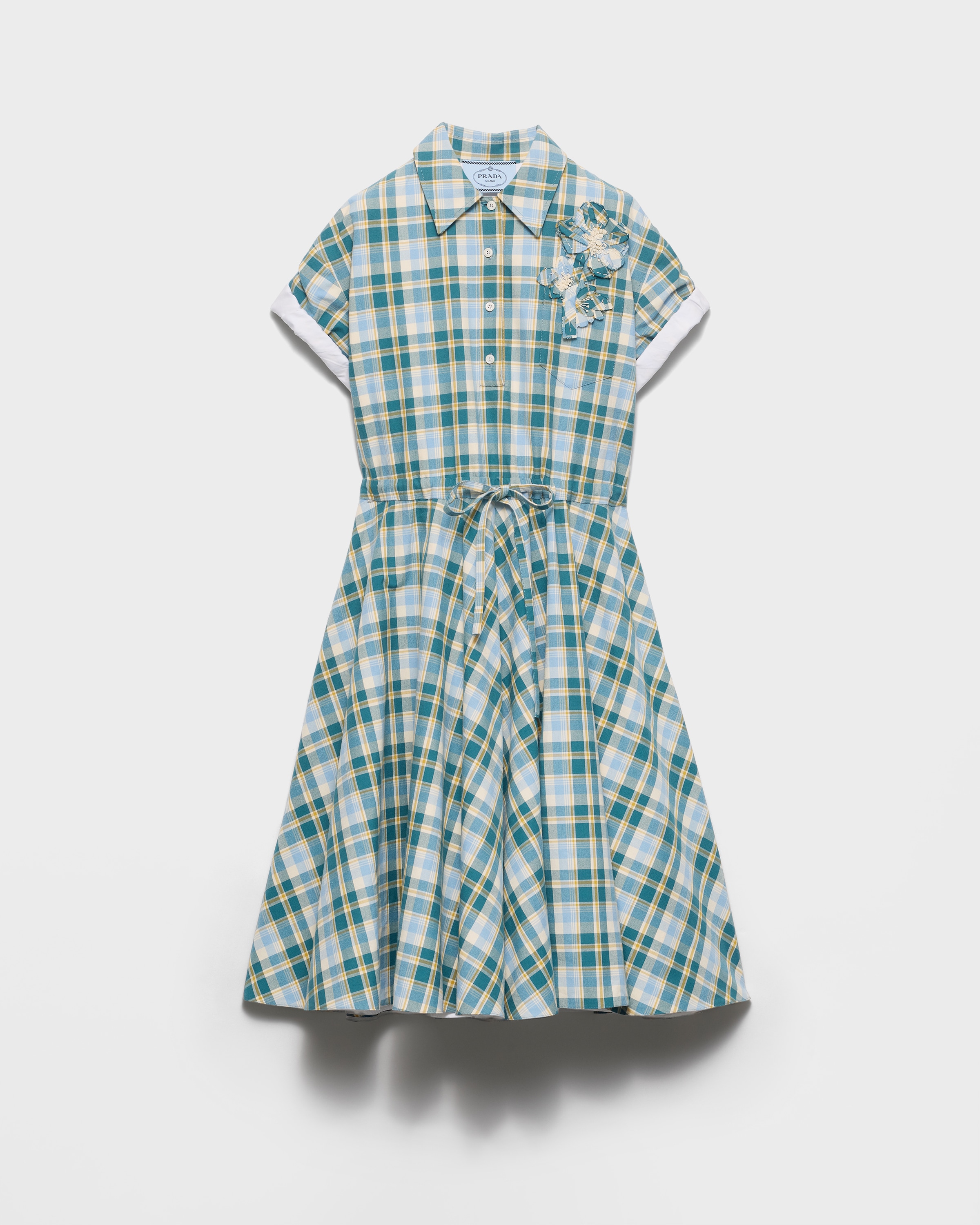 Prada Vestido De Algodón Bordado Con Cuadros Vichy, Mujer, Natural/verde Azulado, Talla 38