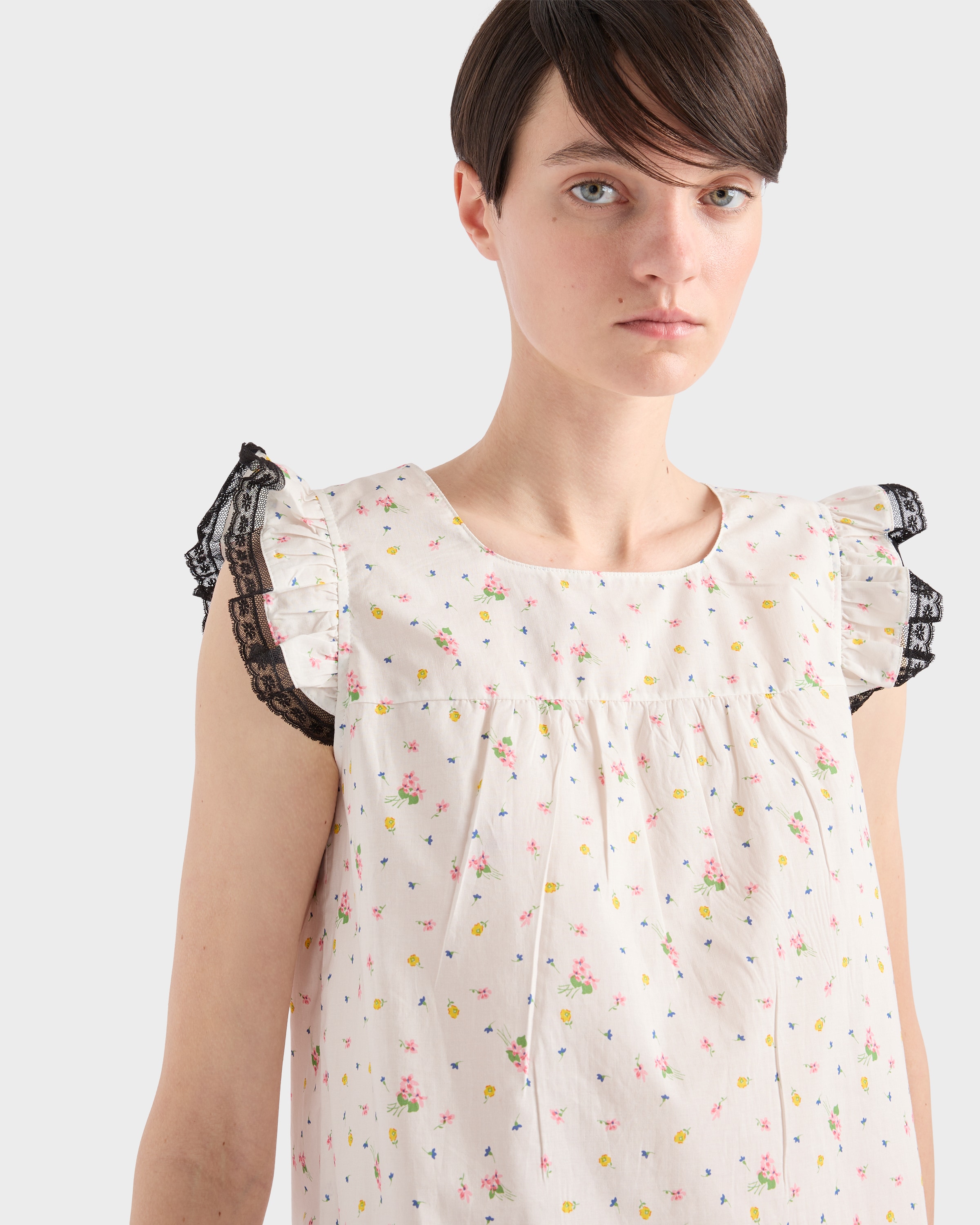 【日本入手困難】Floral print cotton batiste mini-dress White Floral print cotton batiste mini-dress | PRADA