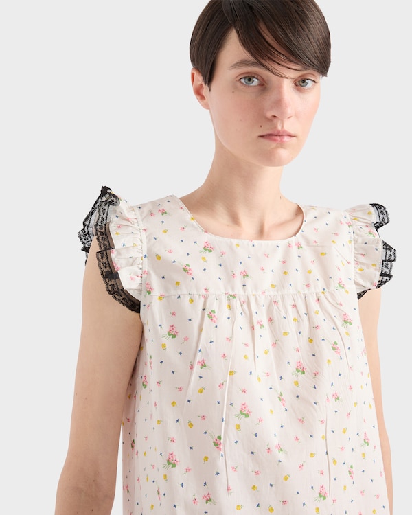 Floral print cotton batiste mini-dress - White Floral print cotton batiste mini-dress - White