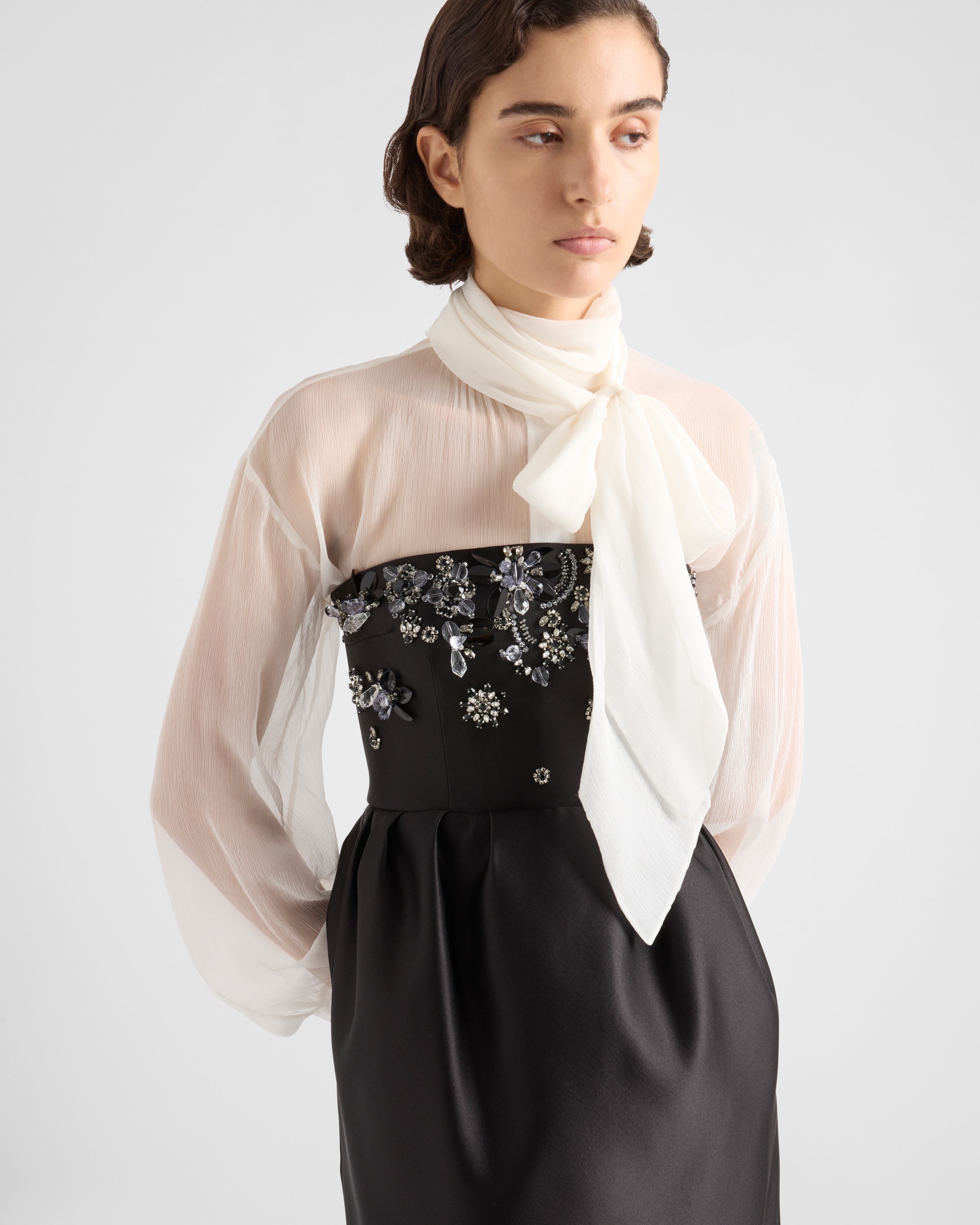 Black Long Embroidered Satin Dress | PRADA