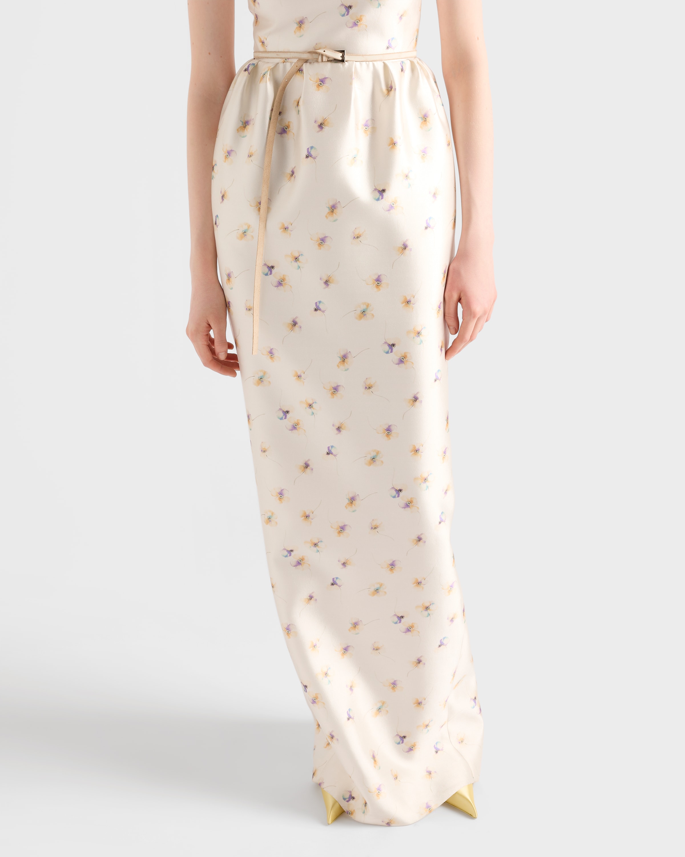 Prada Long Floral Print Silk And Wool Dress In White