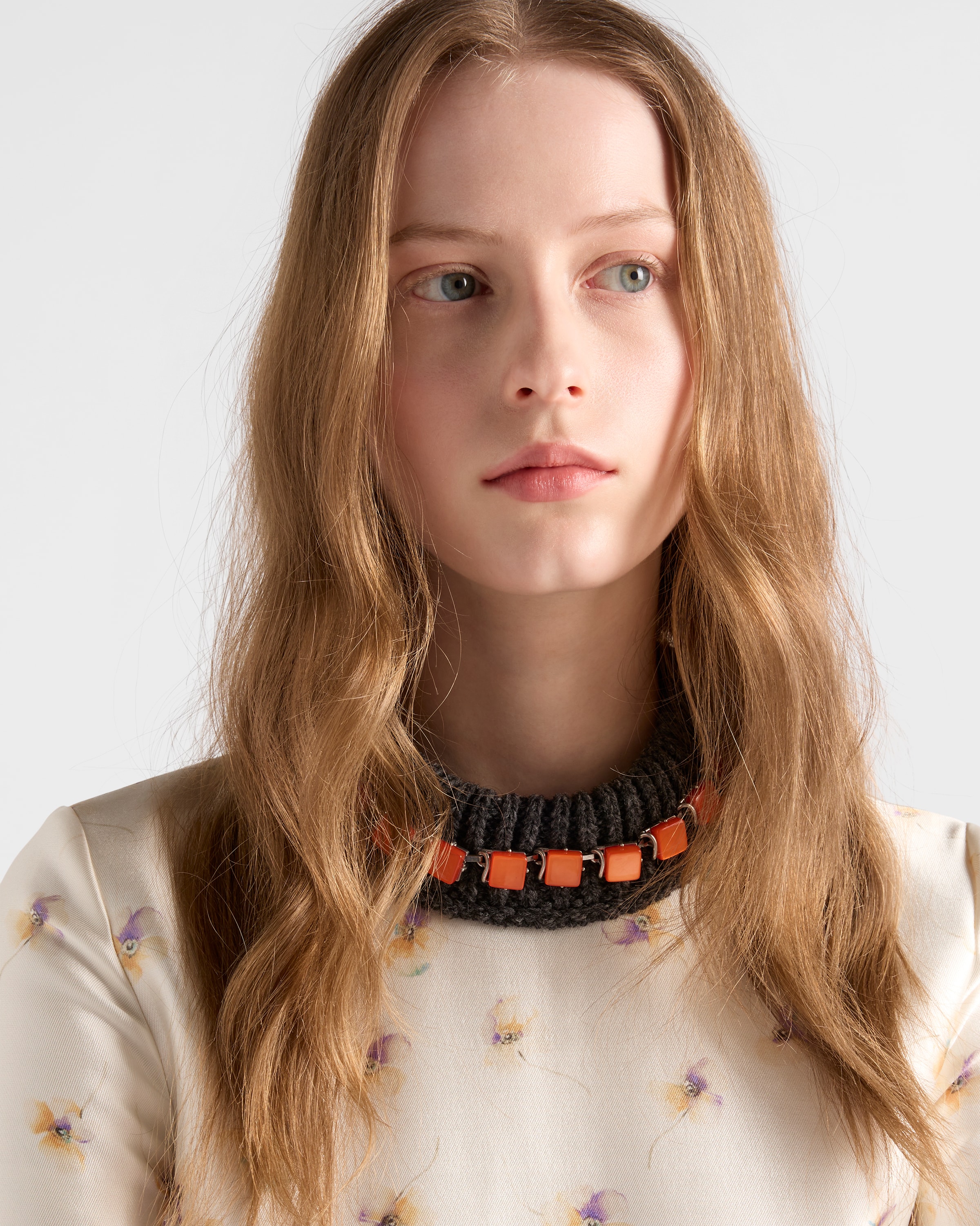 Prada Long Floral Print Silk And Wool Dress In White