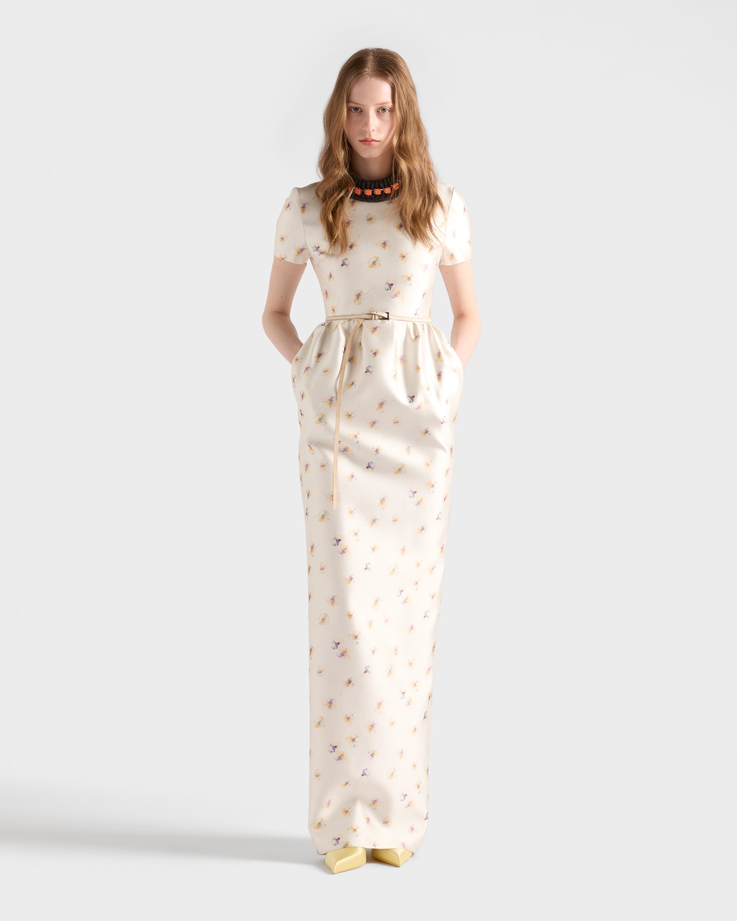 Prada Long Floral Print Silk And Wool Dress In White