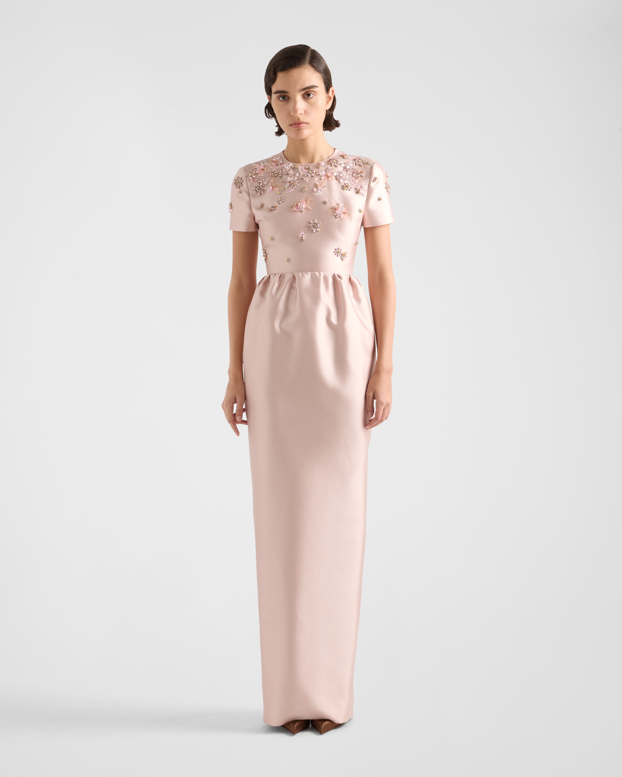 Shop Prada Langes Besticktes Kleid Aus Seide Und Wolle In Alabaster Pink