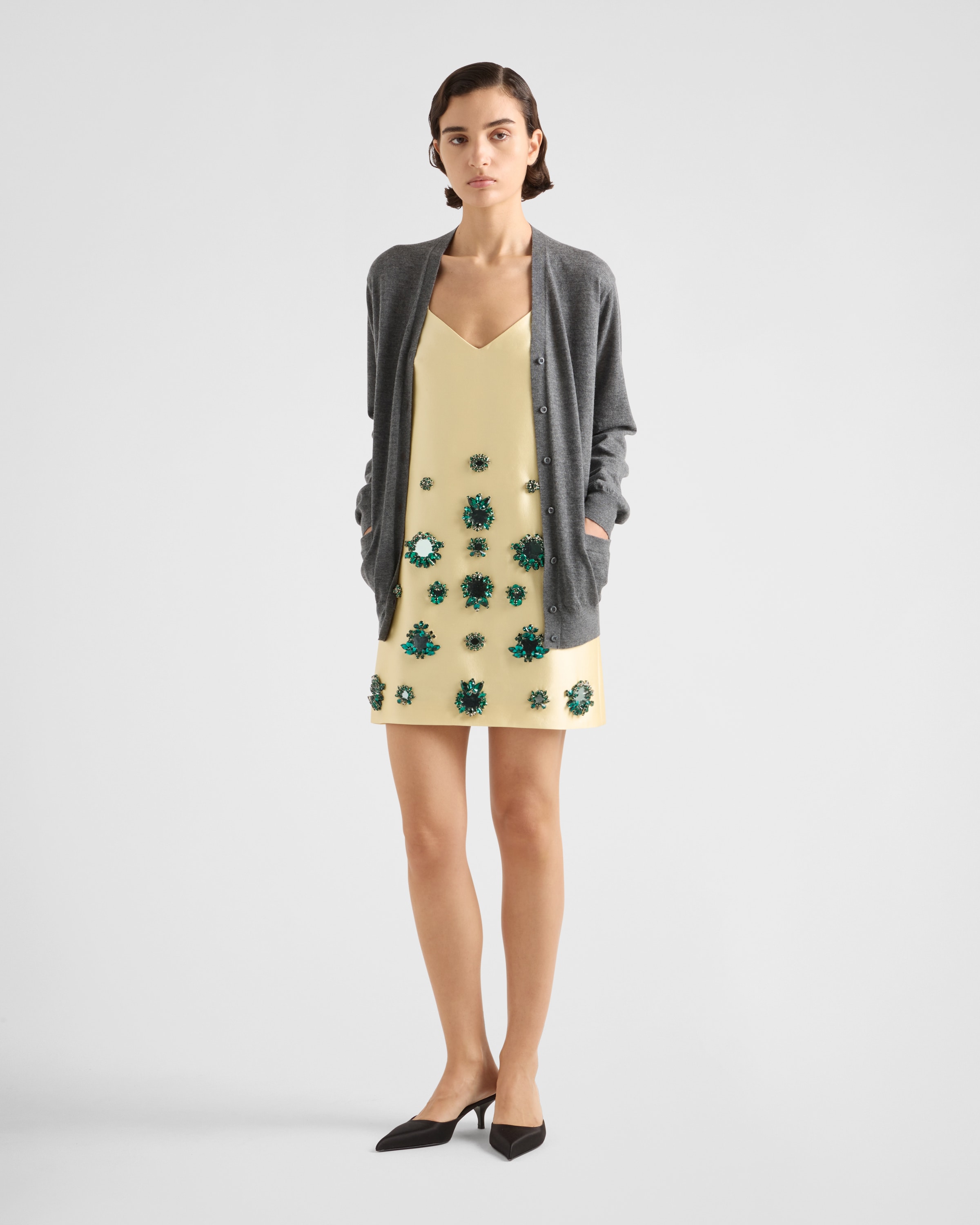 Shop Prada Besticktes Minikleid Aus Seide Und Wolle In Cream