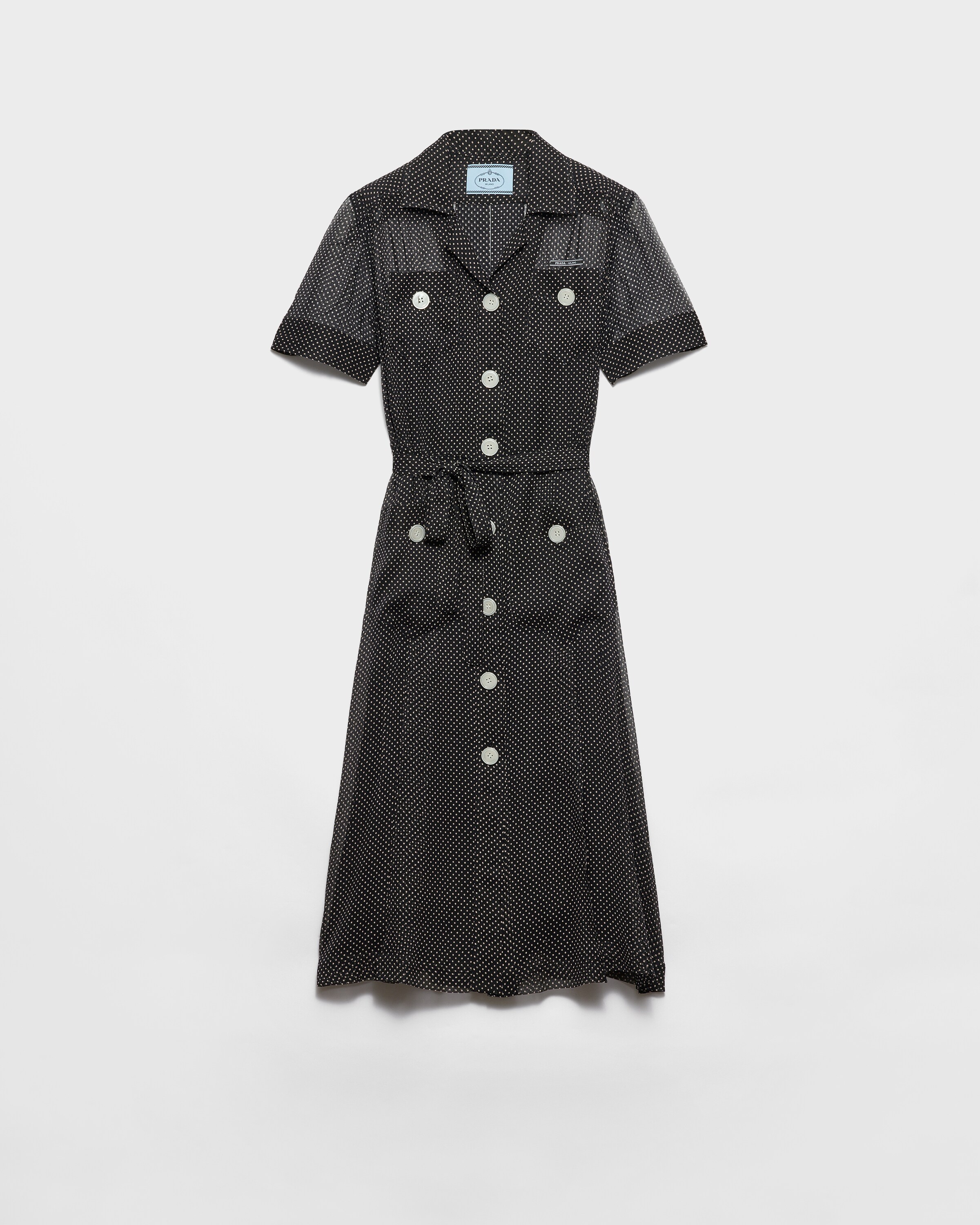 Prada Vestido Camisero En Gasa De Seda De Lunares, Mujer, Negro, Talla 38