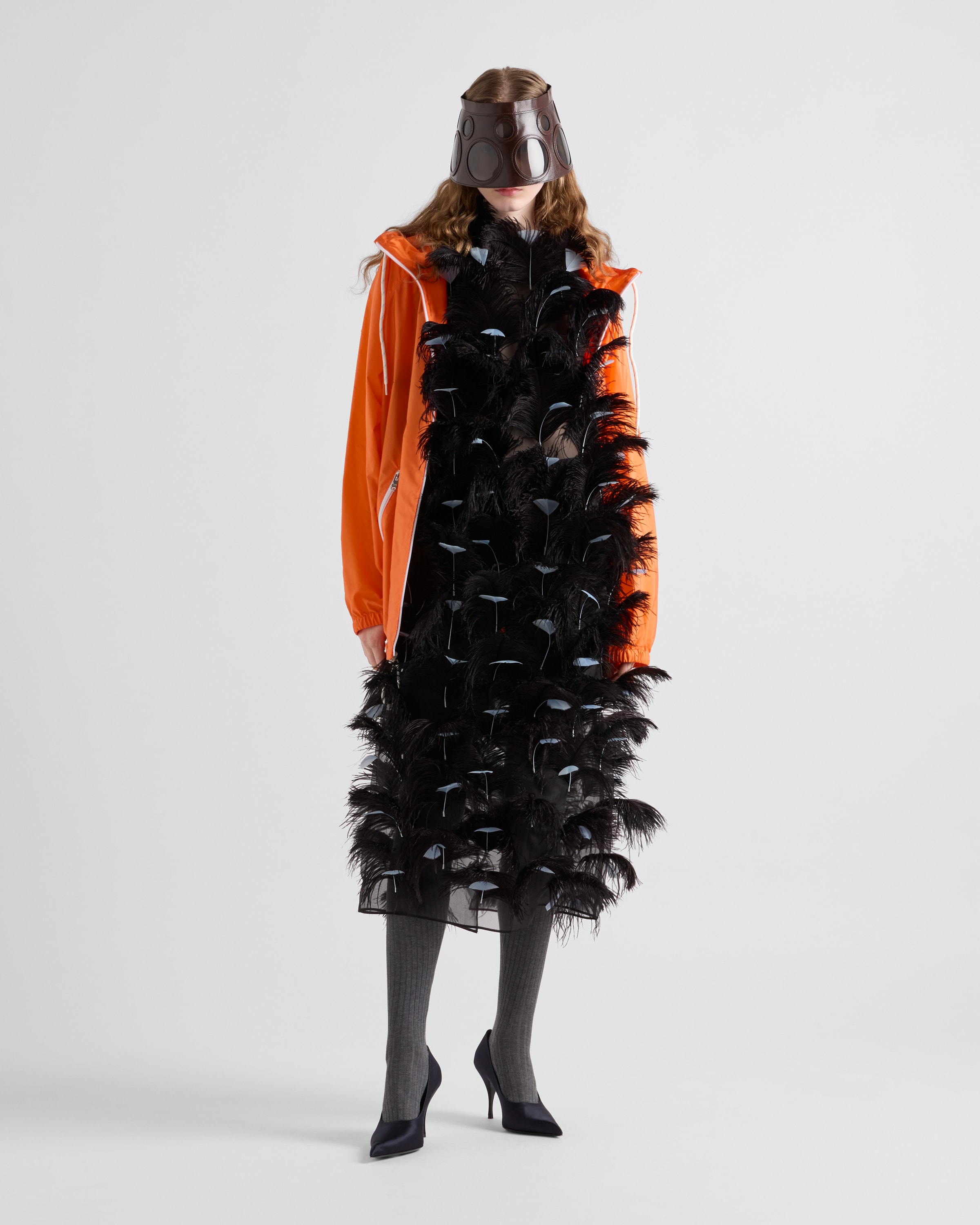Black Feather-embellished silk organza dress | PRADA