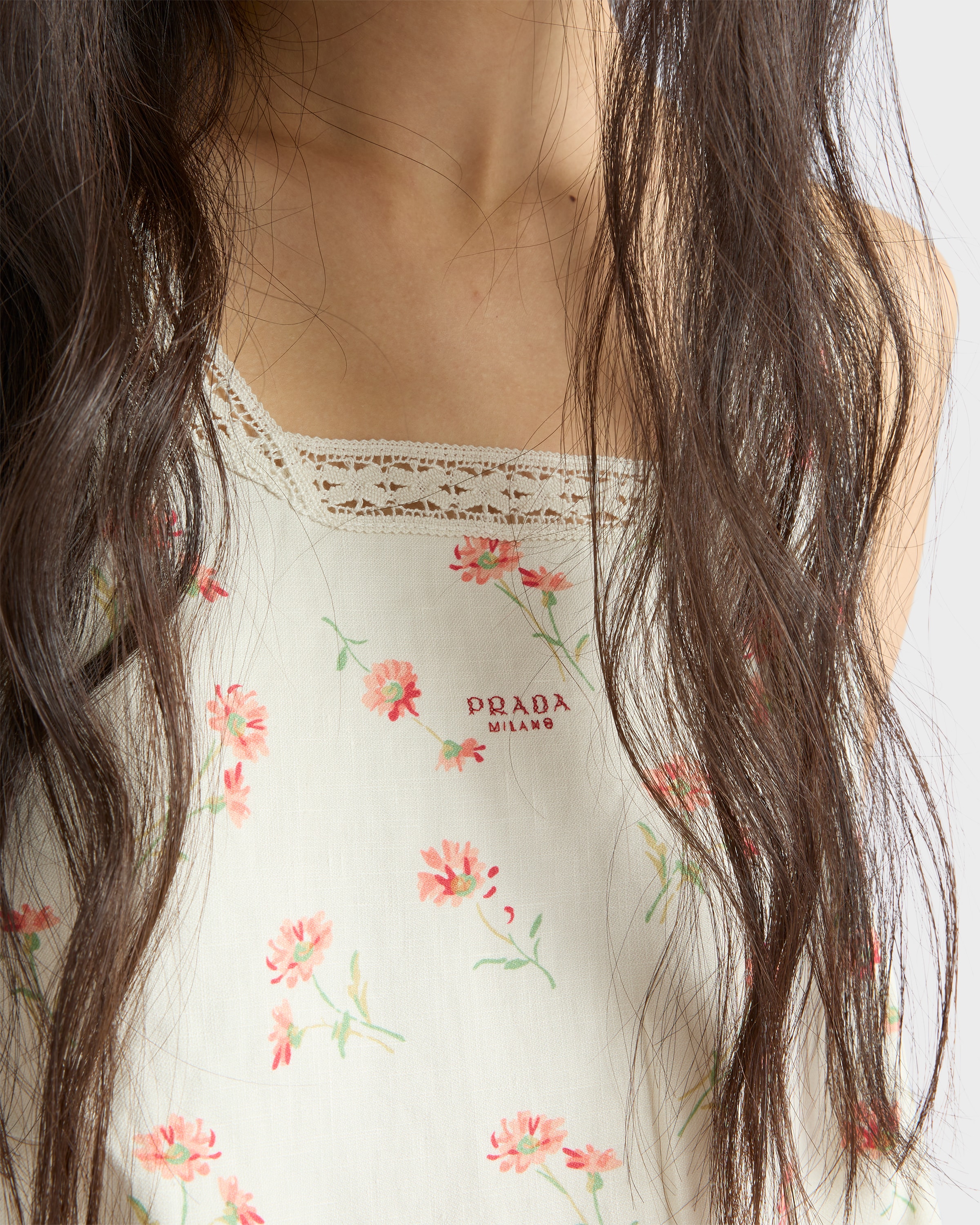 Prada Lino Flower-print Sleeveless Mini Babydoll Dress