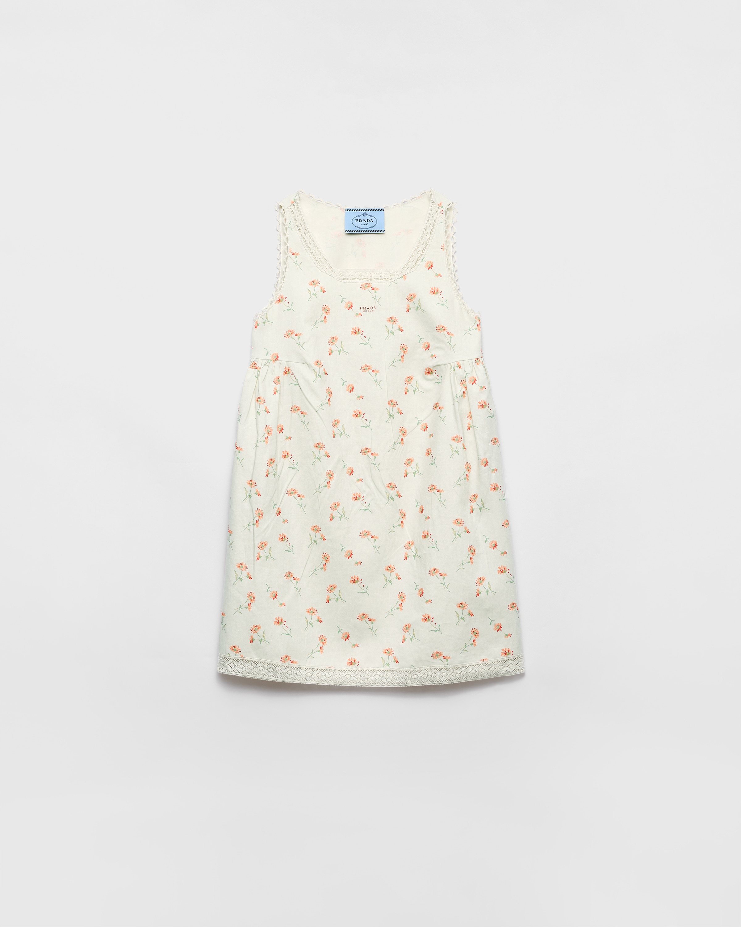 Prada Lino Flower-print Sleeveless Mini Babydoll Dress