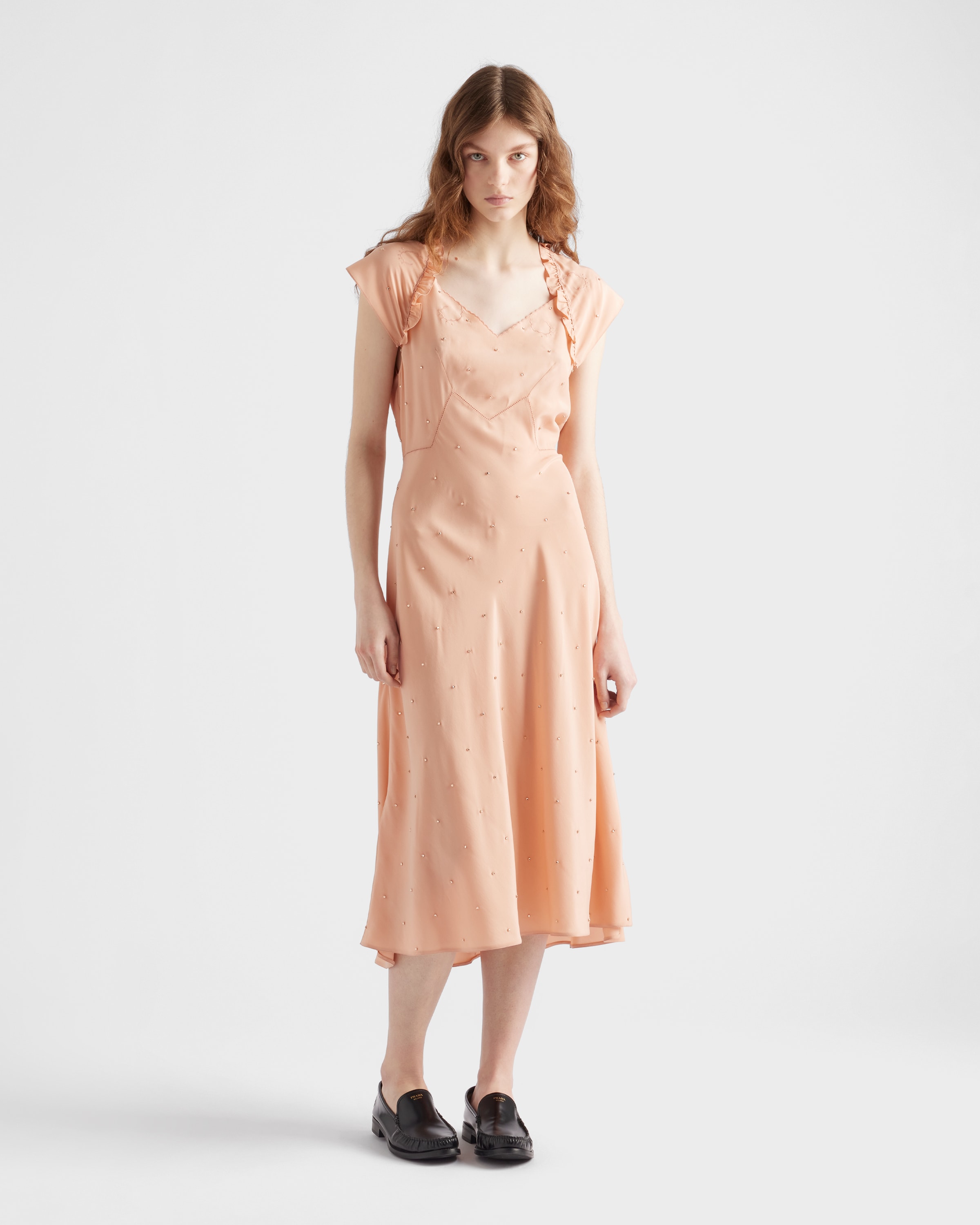 Embroidered vintage-effect habutai silk dress ワンピース Black Embroidered vintage-effect habutai silk dress | PRADA