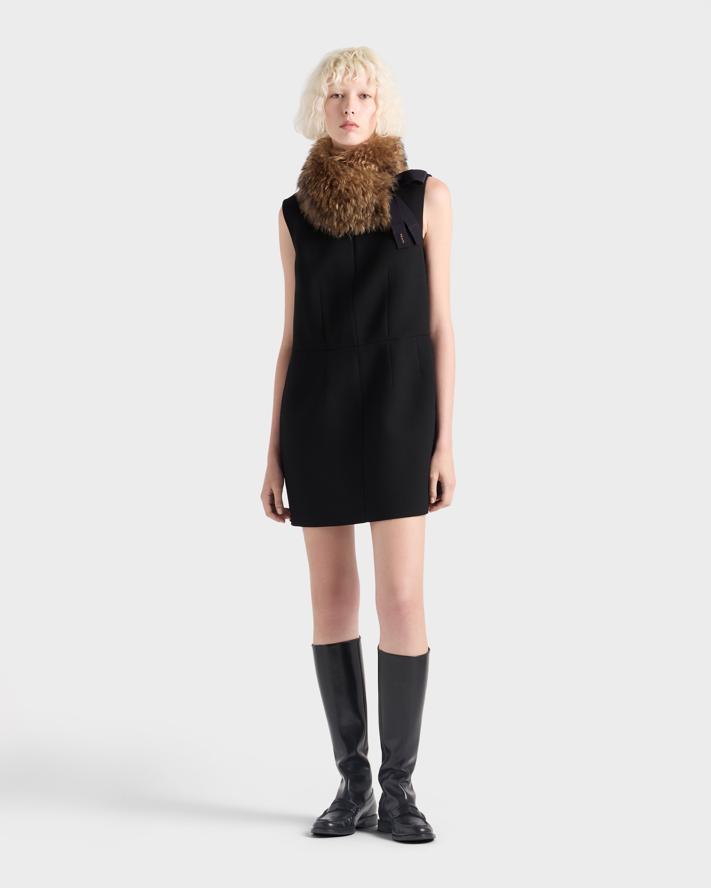 Prada Chic Sleeveless Dress Fur Collar In Black