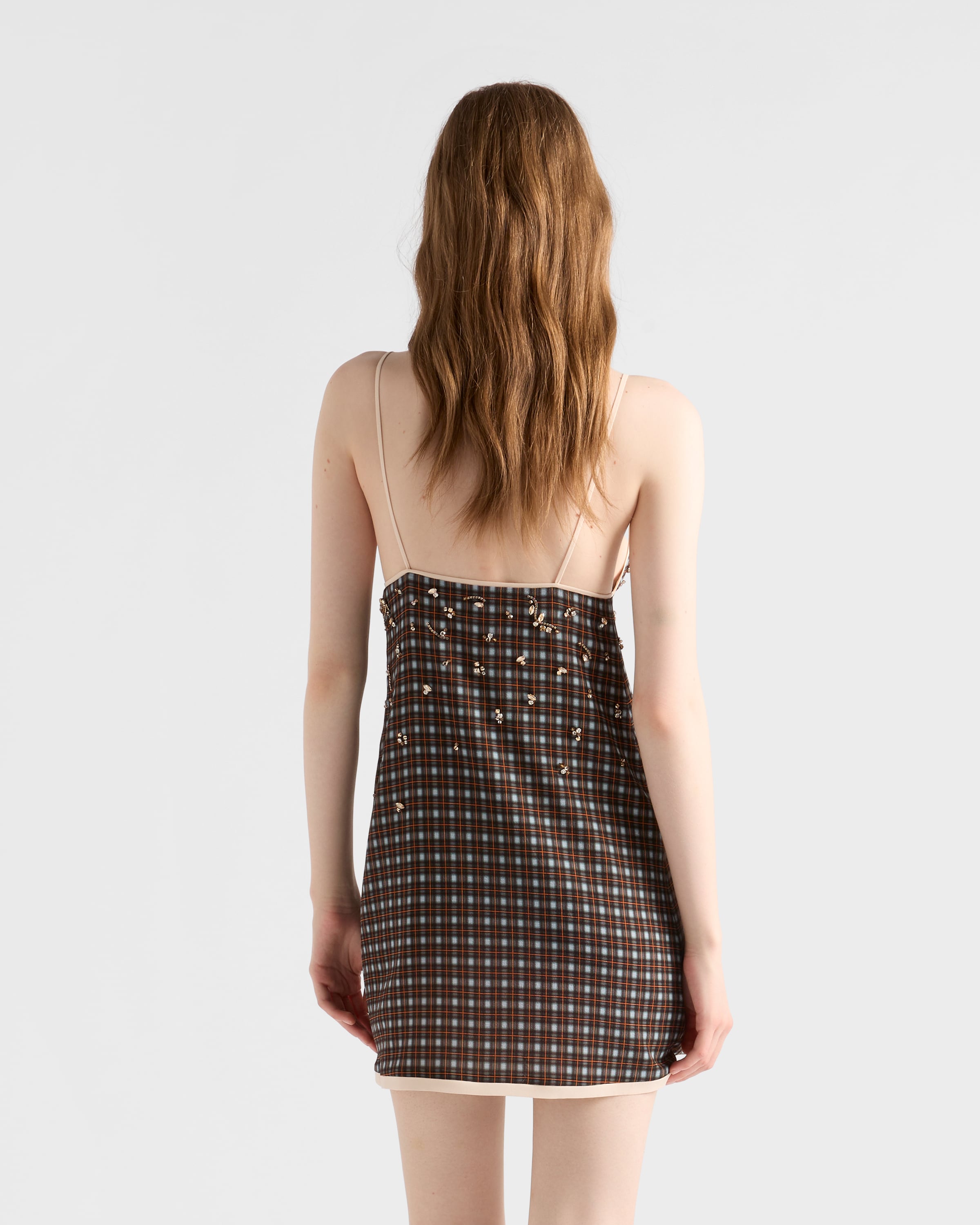 Embellished checked georgette mini-dress