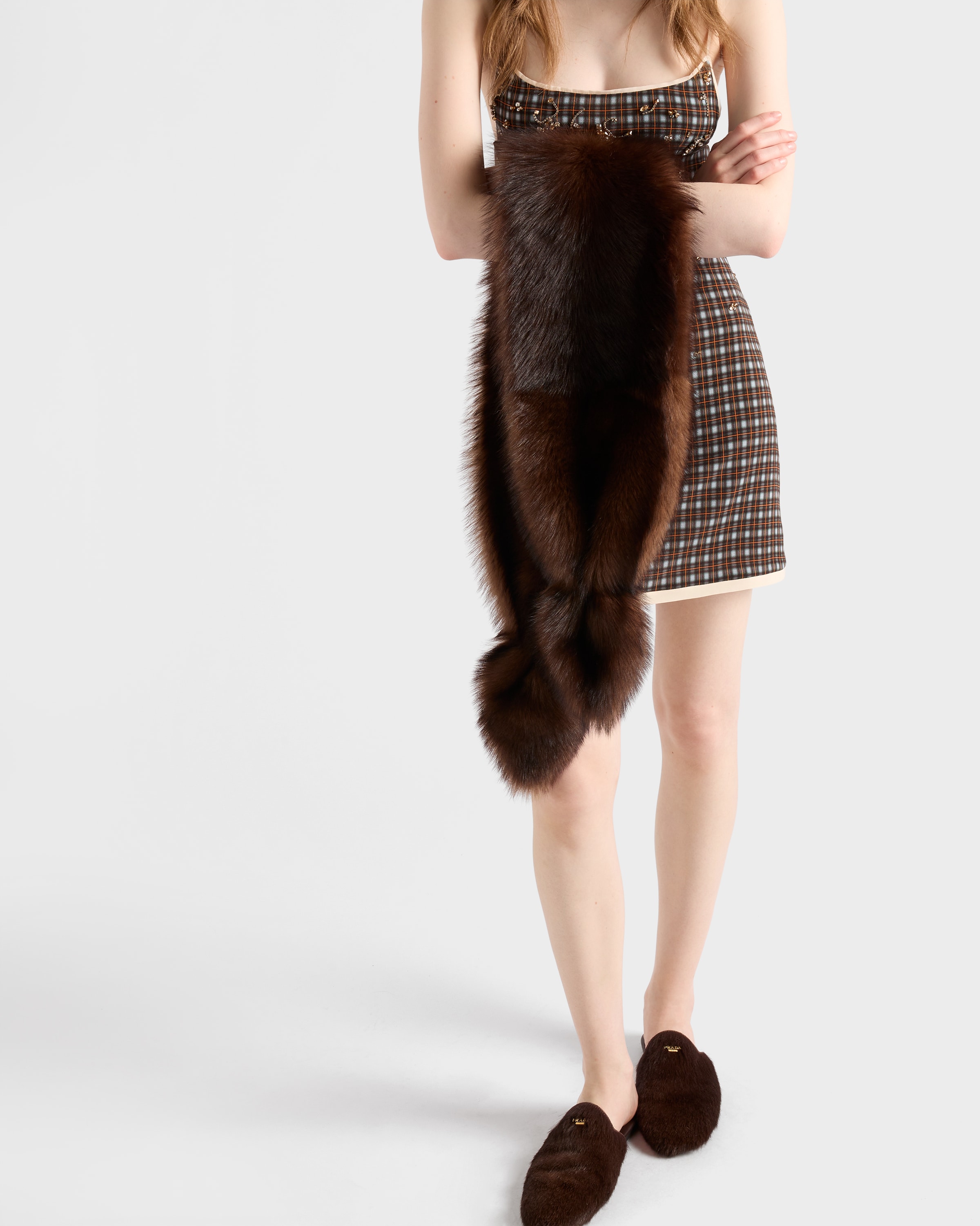 Embellished checked georgette mini-dress