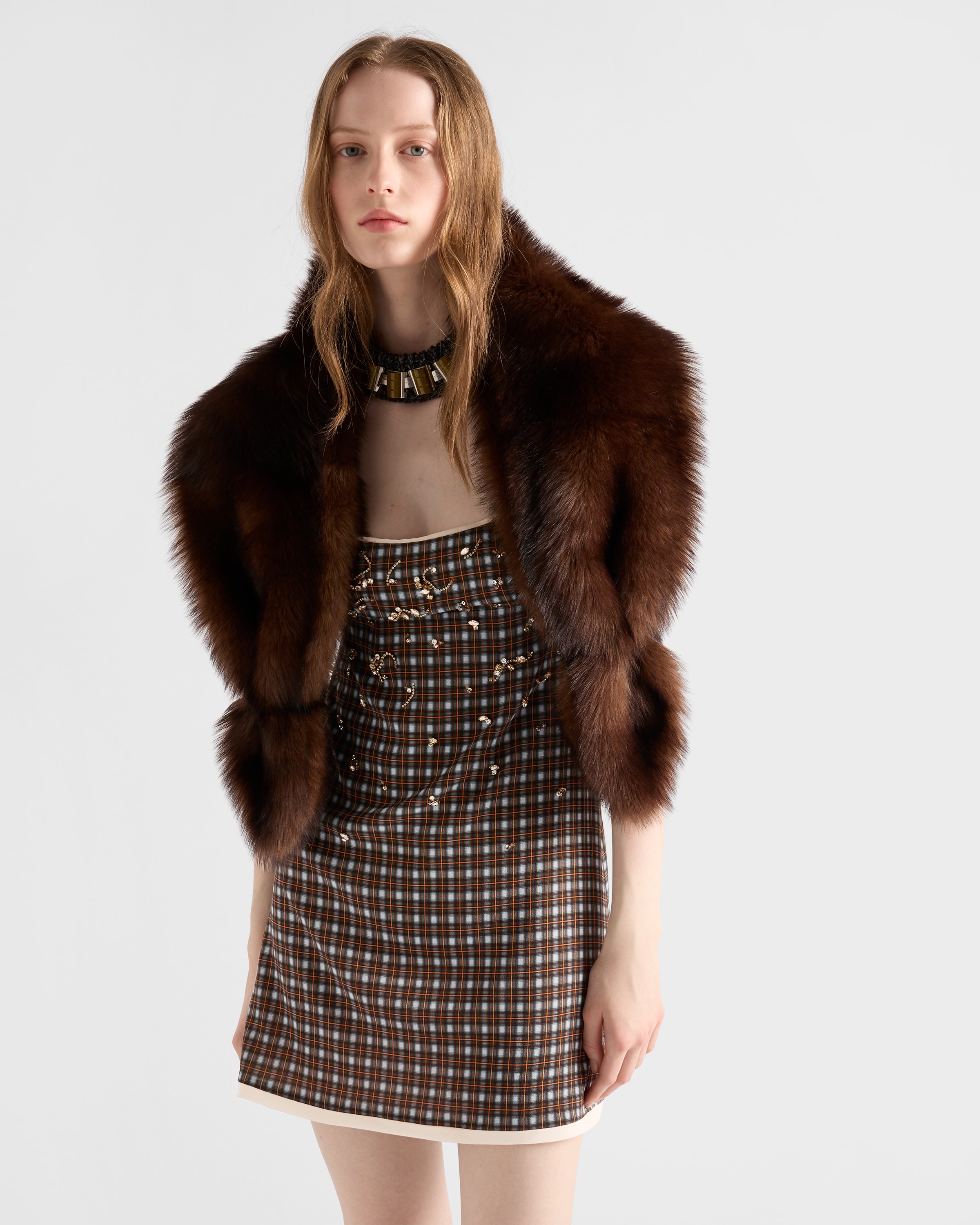 Embellished checked georgette mini-dress