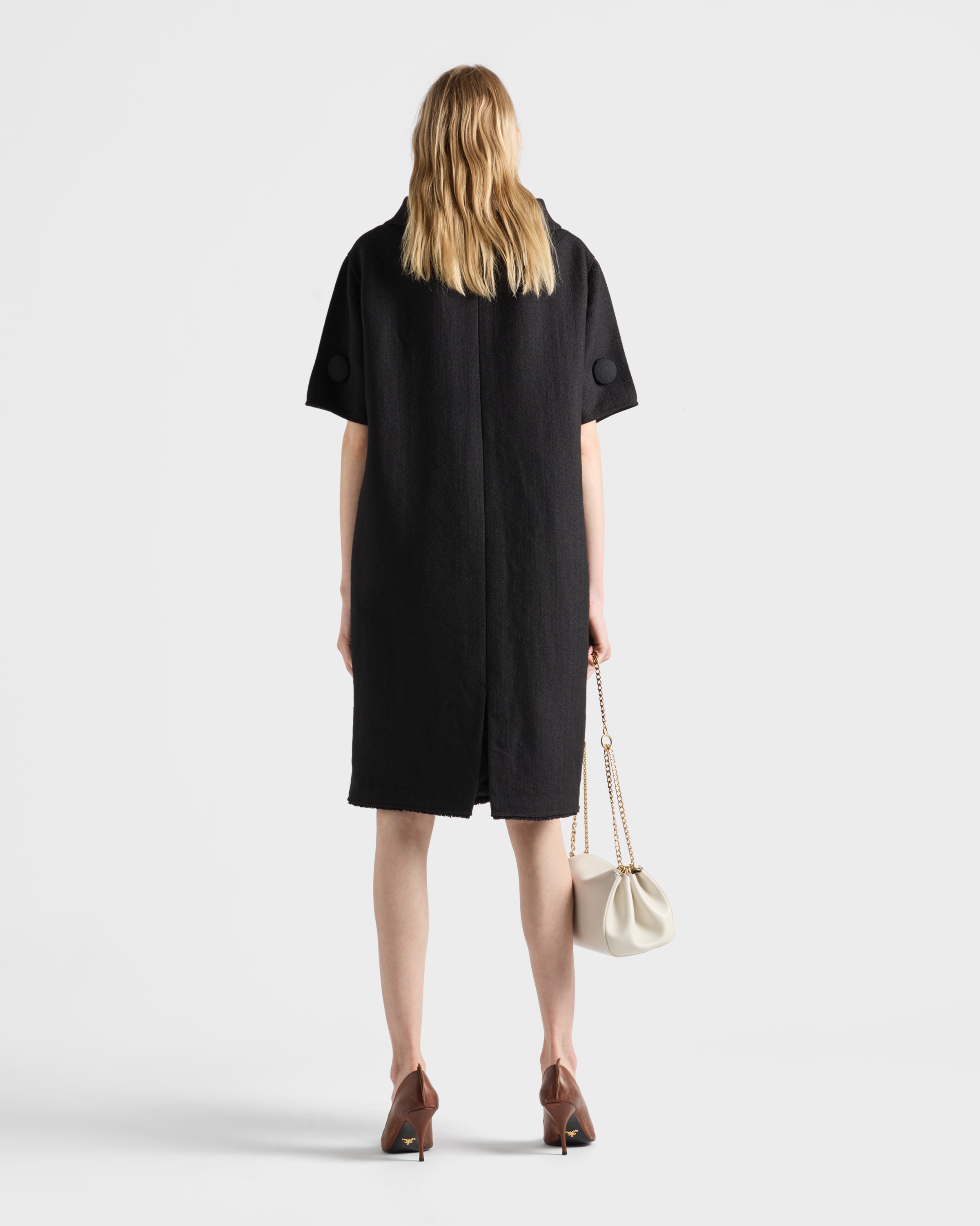 Black Short-sleeve chevron wool dress with belt | PRADA