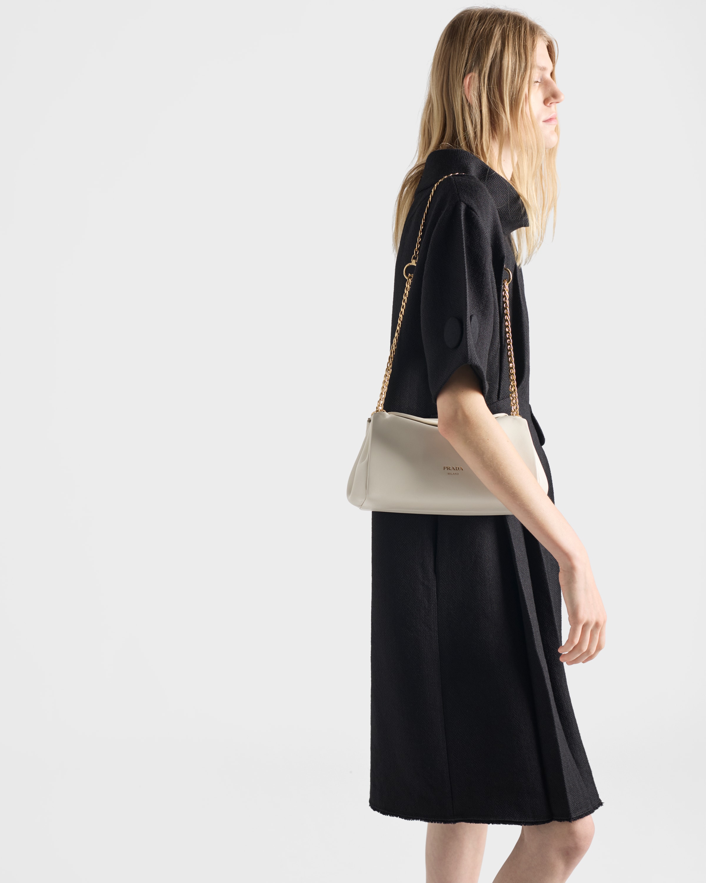 Black Short-sleeve chevron wool dress with belt | PRADA