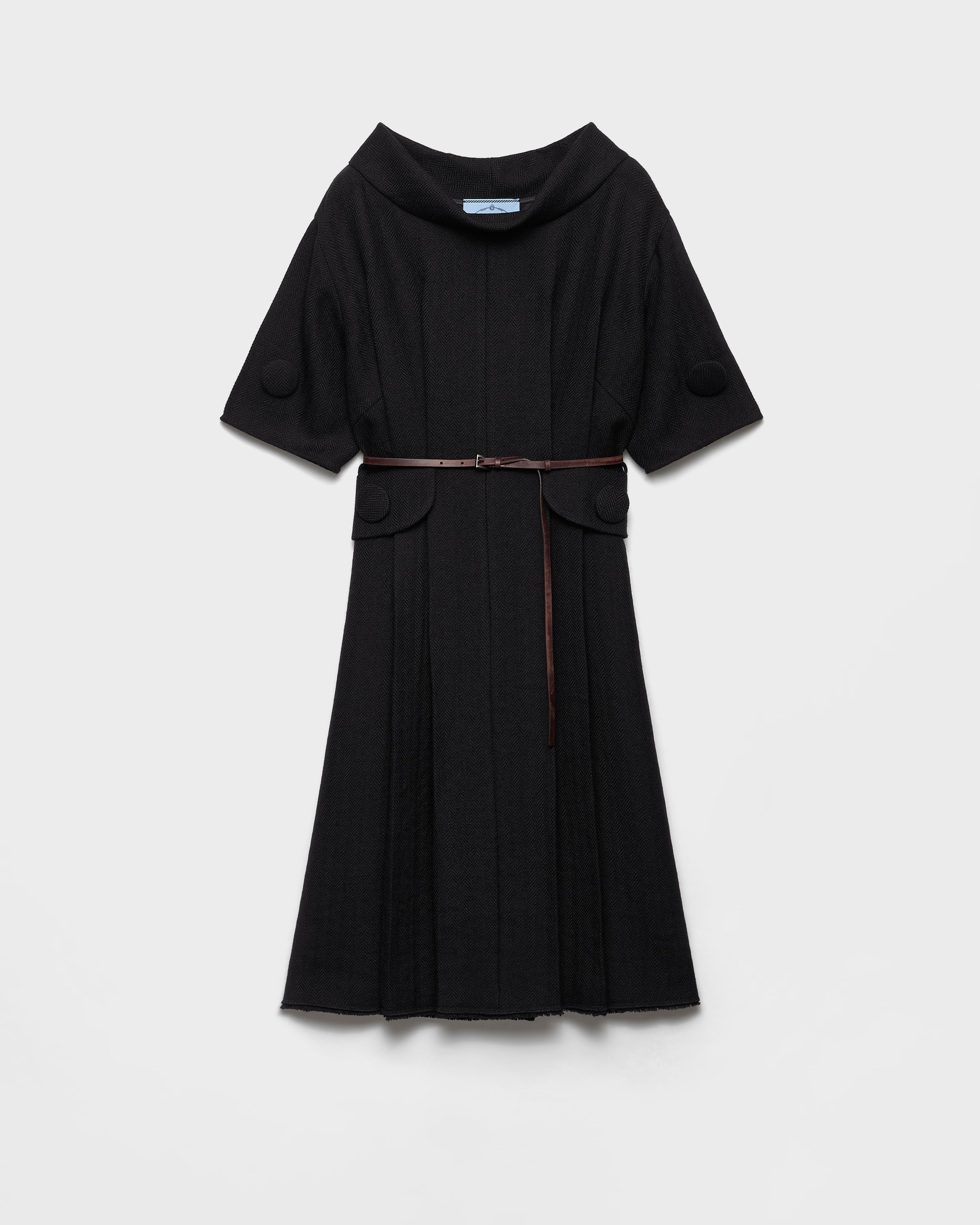 Prada Short-sleeve Chevron Wool Dress With Belt In Black