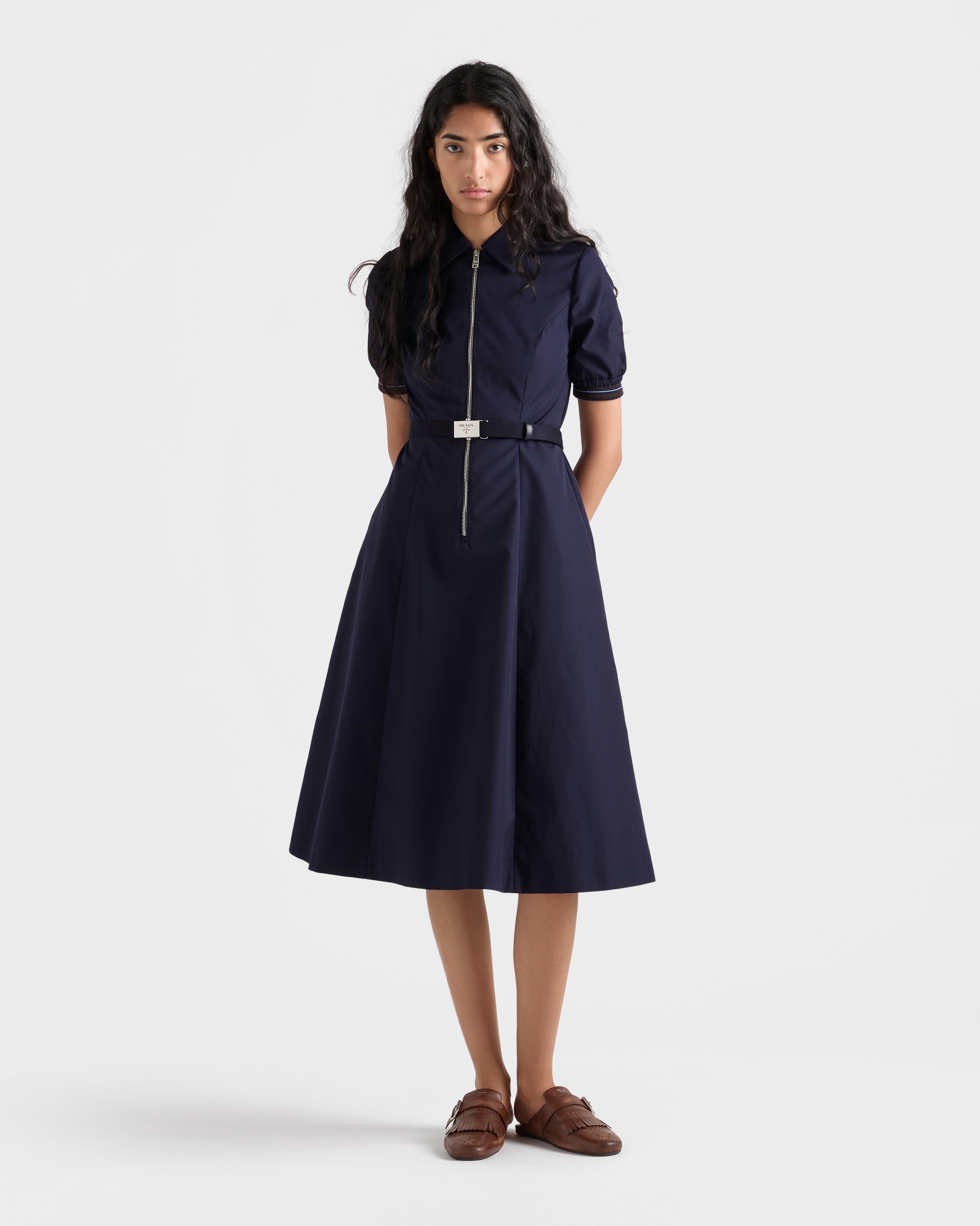 Prada Belted Poplin Midi Shirt Dress - Blue