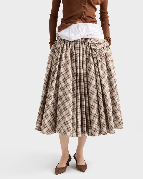 Vestido de popelín bordado con cuadros vichy - Marfil/Marrón Chocolate Vestido de popelín bordado con cuadros vichy - Marfil/Marrón Chocolate