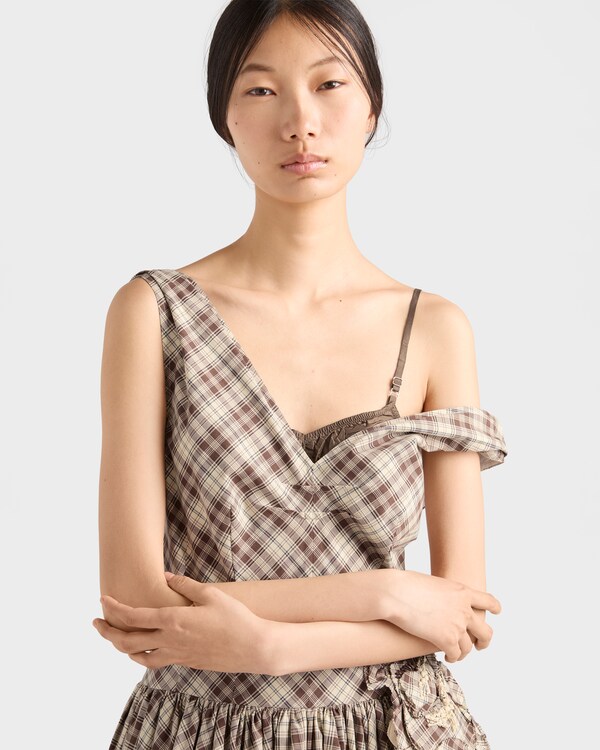 Vestido de popelín bordado con cuadros vichy - Marfil/Marrón Chocolate Vestido de popelín bordado con cuadros vichy - Marfil/Marrón Chocolate