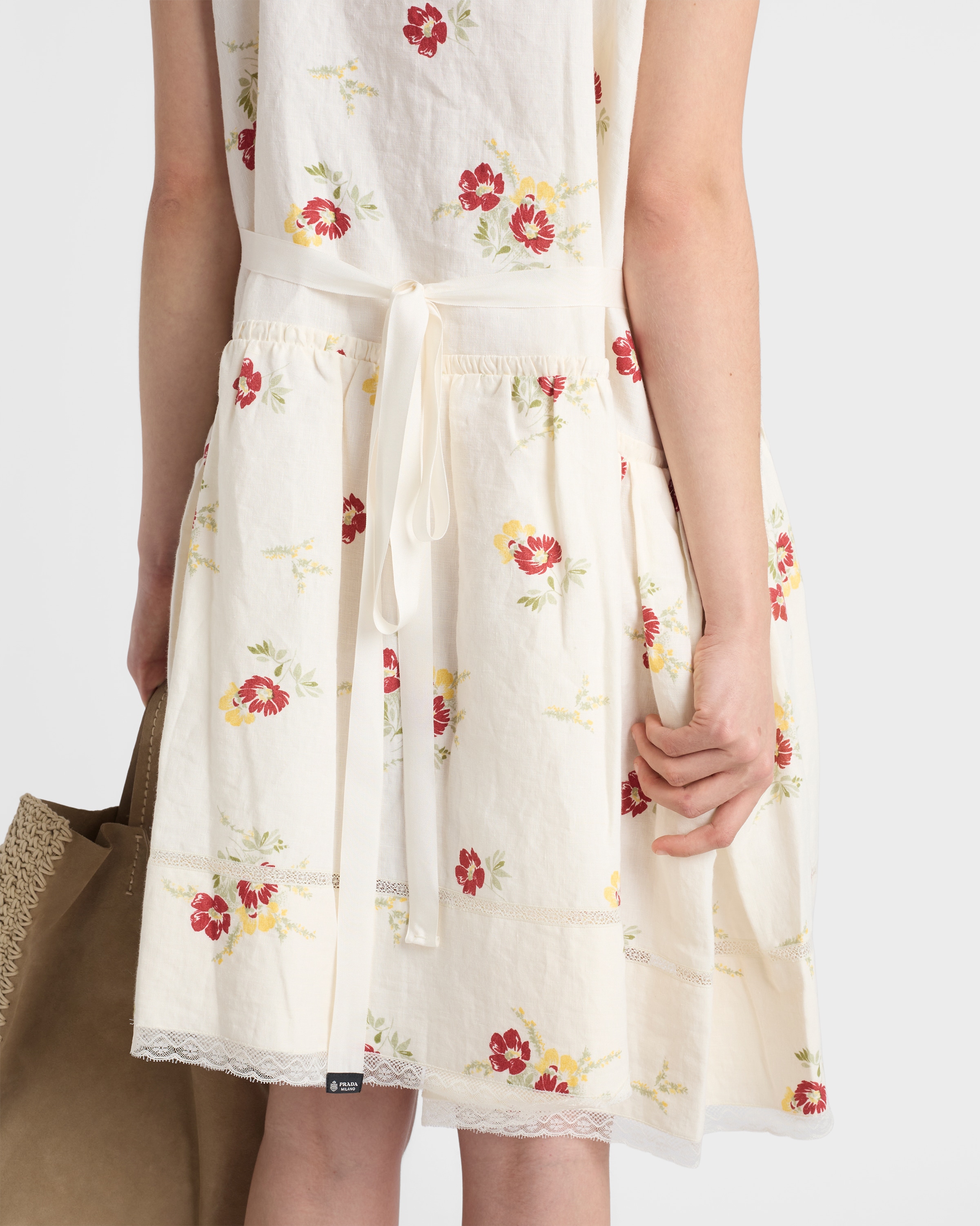 Ruby Red Embroidered linen mini-dress with floral motif | PRADA - United States Ruby Red Embroidered linen mini-dress with floral motif | PRADA - United States