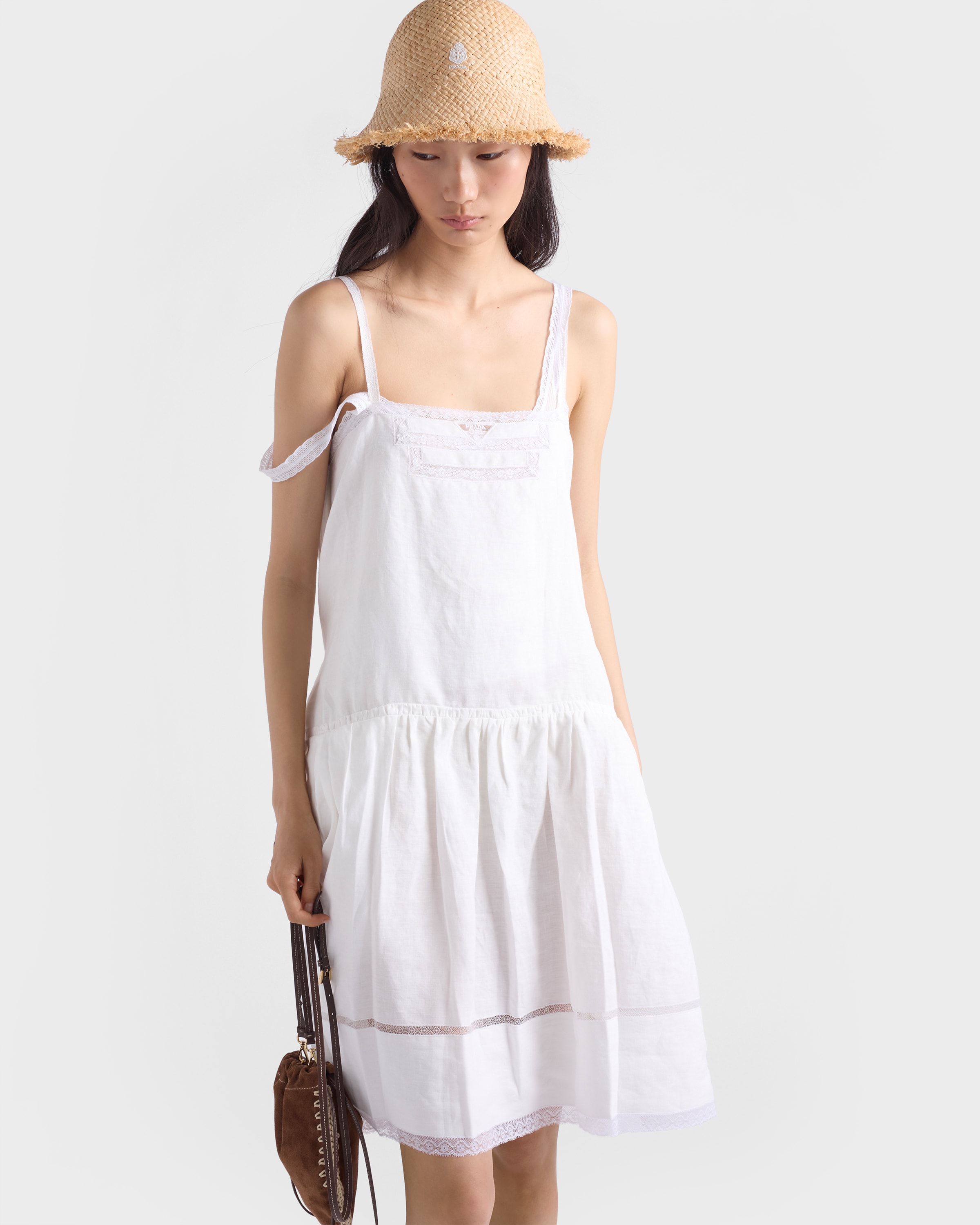 Prada Embroidered Linen Dress, Woman, White, Size 40