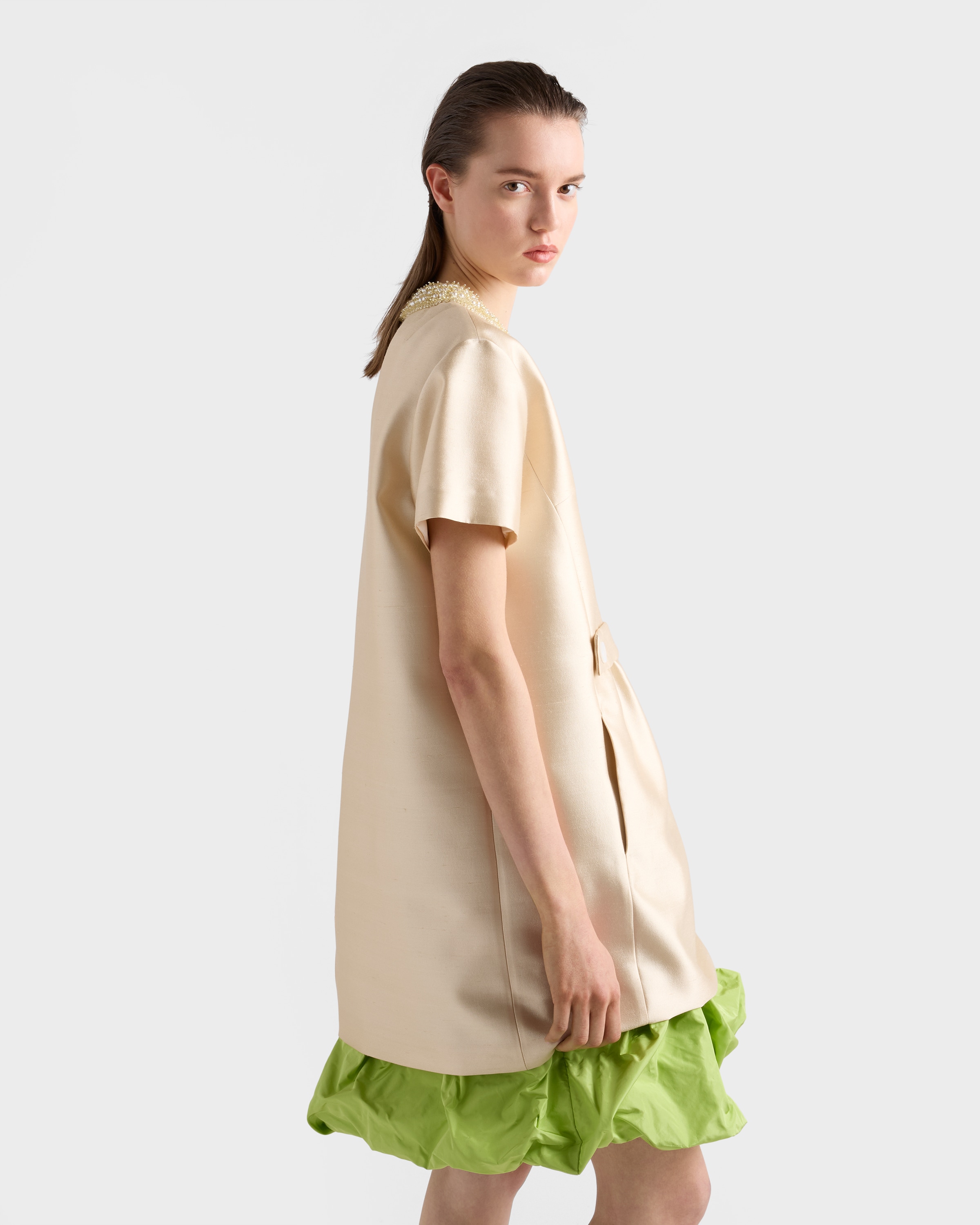 Prada Embroidered Double Shantung Dress, Woman, Sand Beige, Size 48