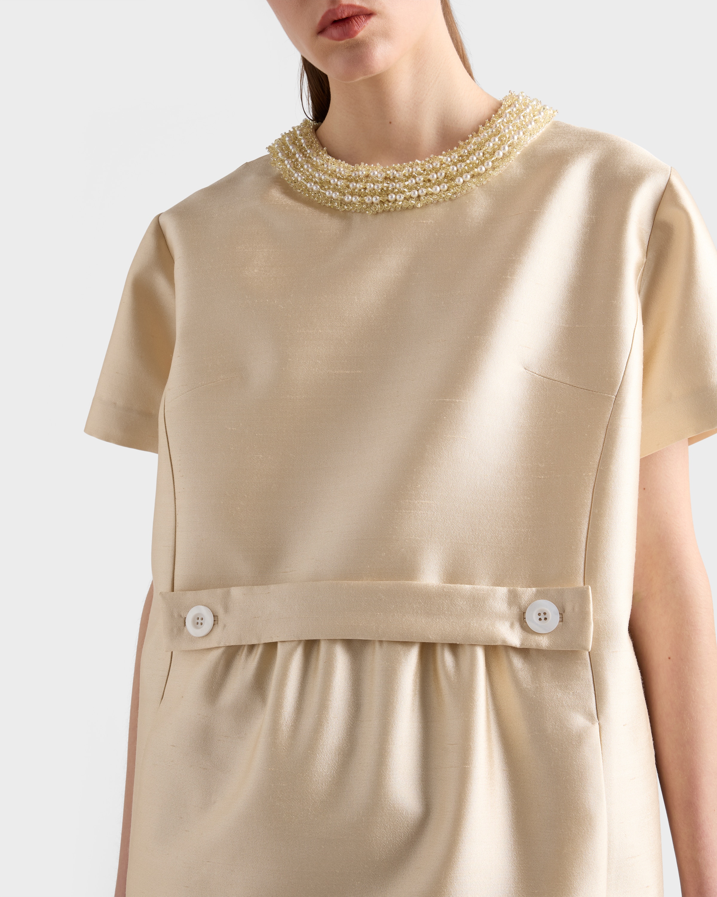 denim beige dress Ebony Embroidered Denim Mini Dress / Cream | MESHKI main image 0
