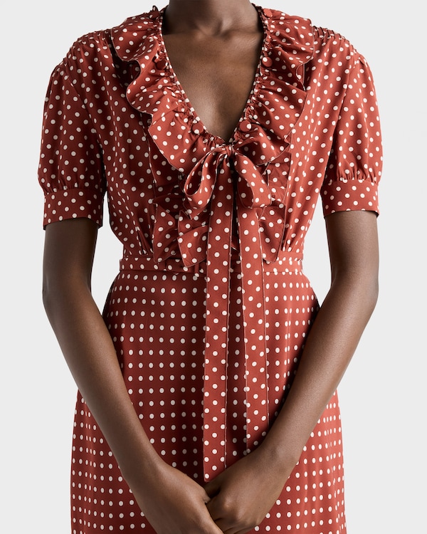 Polka-dot print marocain dress - Tobacco/Beige Polka-dot print marocain dress - Tobacco/Beige