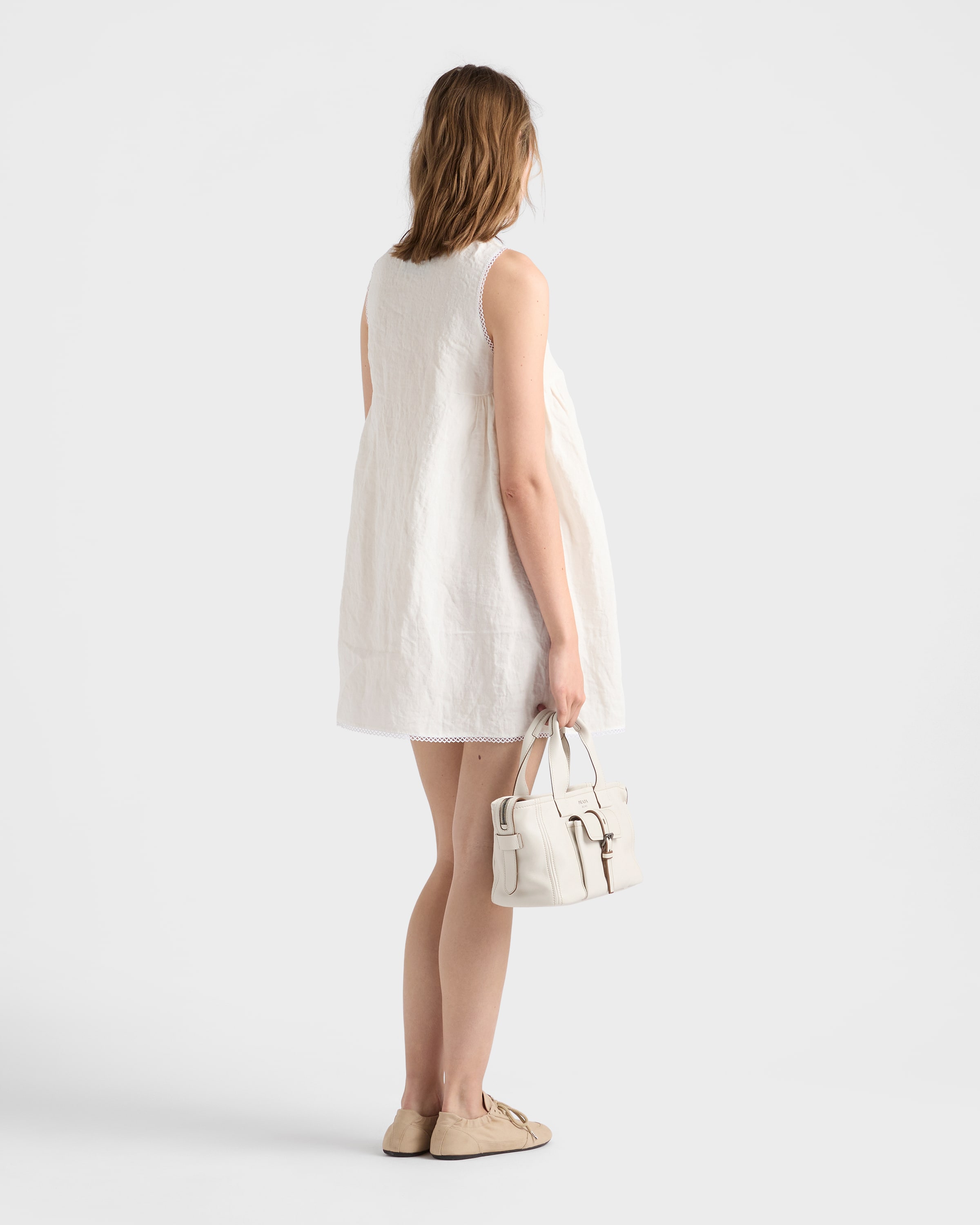 Prada Embroidered Slubbed Canvas Mini-dress, Woman, White, Size 46