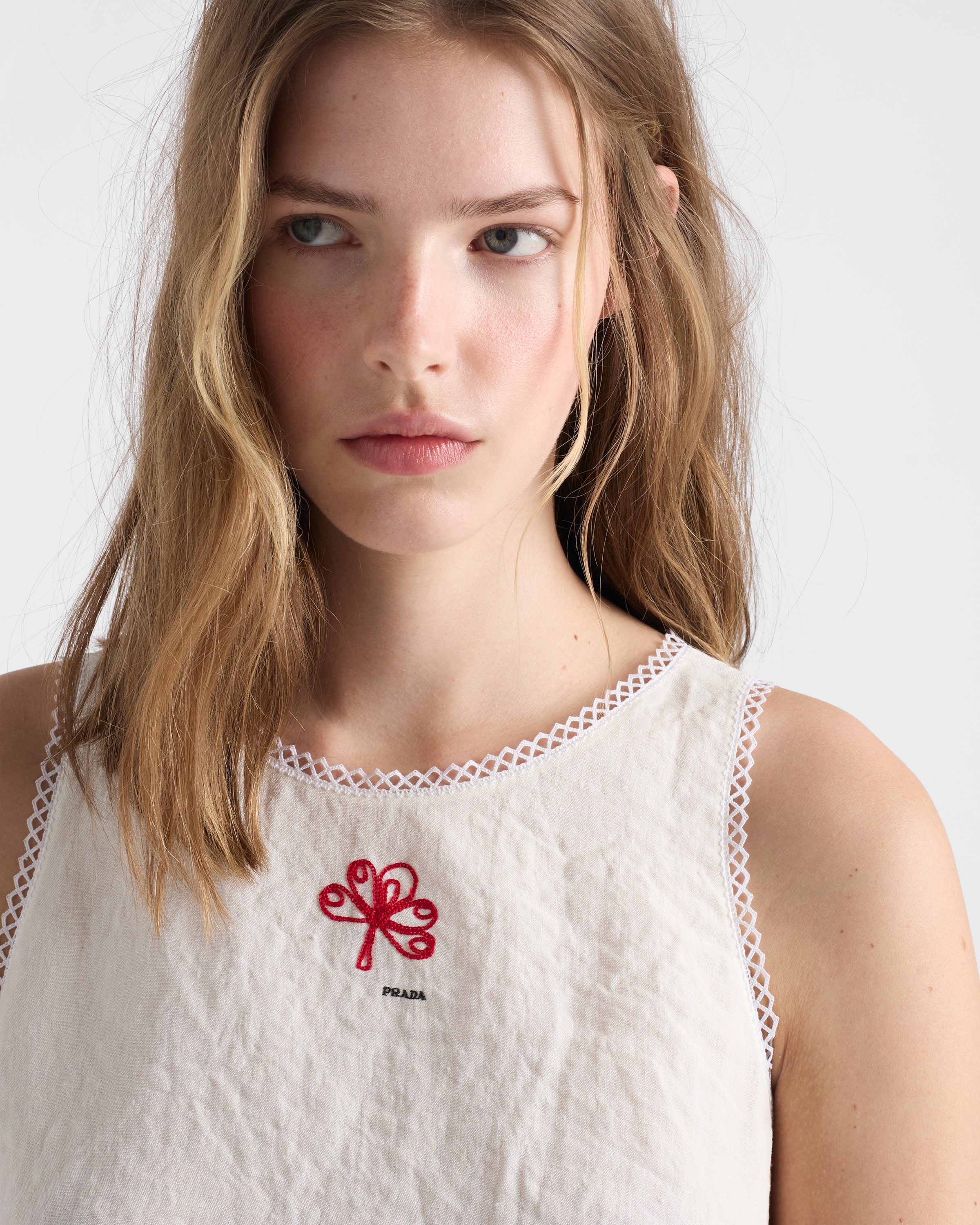 Prada Embroidered Slubbed Canvas Mini-dress, Woman, White, Size 46 Prada Embroidered Slubbed Canvas Mini-dress, Woman, White, Size 46