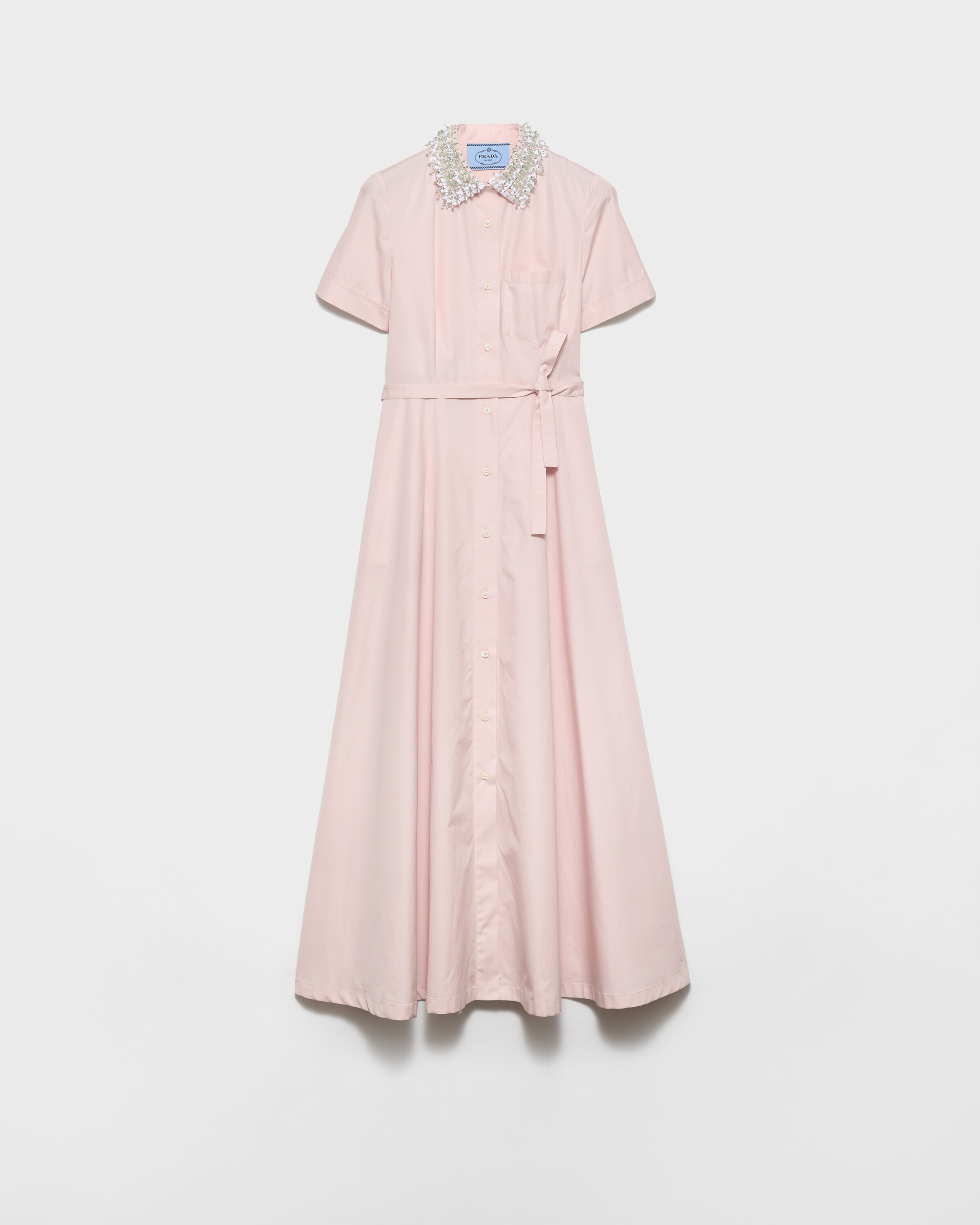Prada Vestido Camisero Amplio De Popelín Bordado, Mujer, Rosa Alabastro, Talla 44