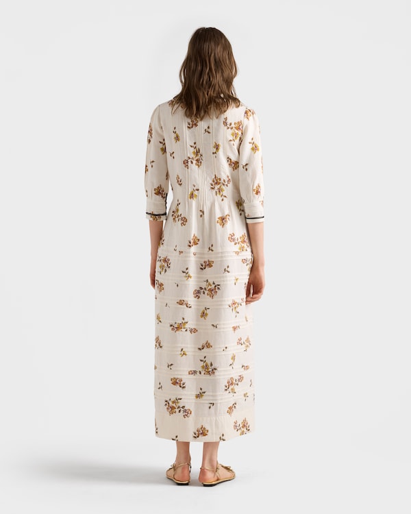 Langes Kleid aus bedrucktem Leinen - Tabak Langes Kleid aus bedrucktem Leinen - Tabak