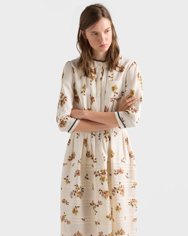 Langes Kleid aus bedrucktem Leinen - Tabak Langes Kleid aus bedrucktem Leinen - Tabak