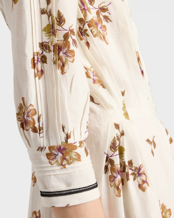 Langes Kleid aus bedrucktem Leinen - Tabak Langes Kleid aus bedrucktem Leinen - Tabak