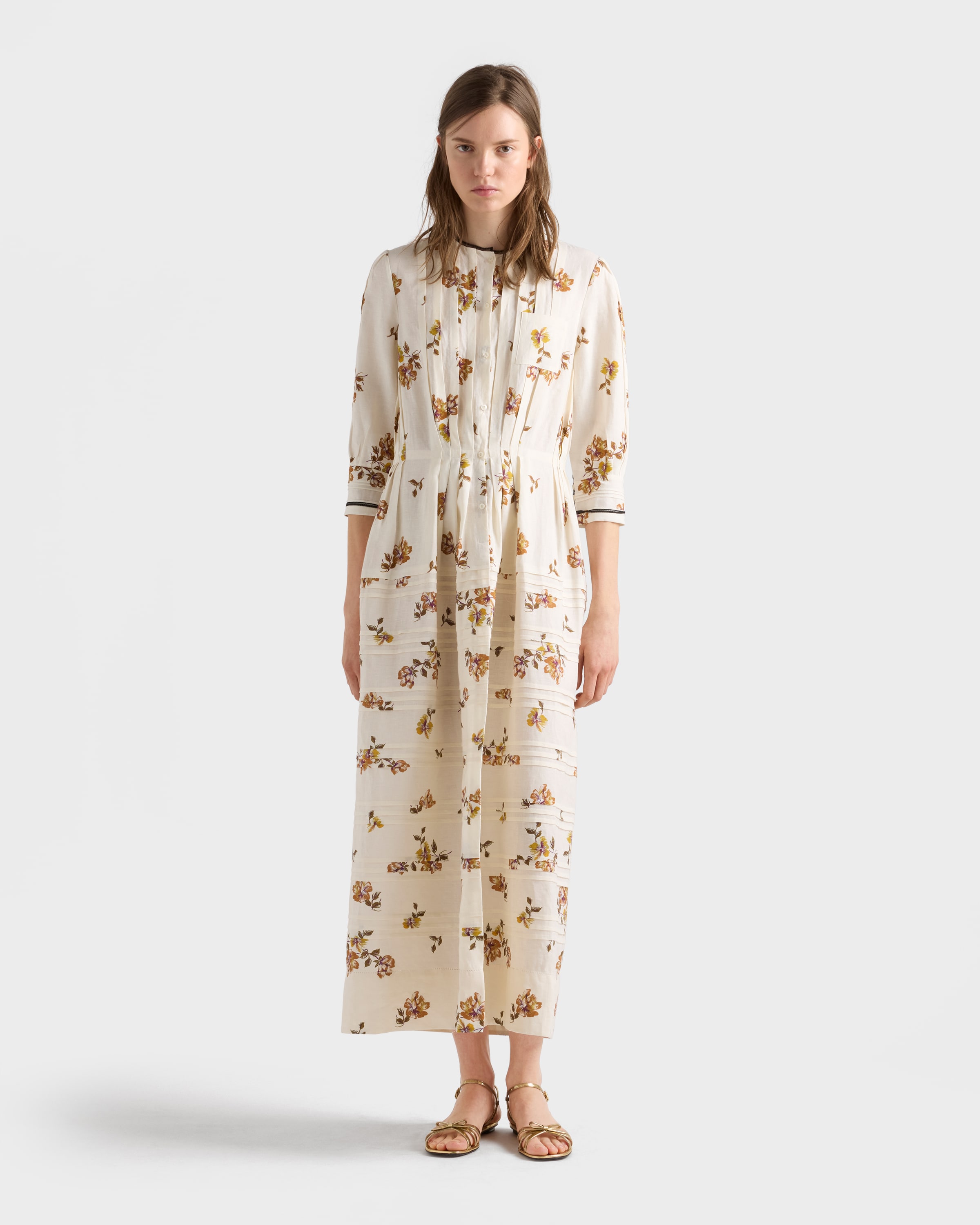 Tobacco Long printed linen dress | PRADA - United States