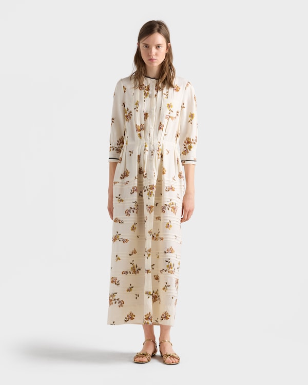 Langes Kleid aus bedrucktem Leinen - Tabak Langes Kleid aus bedrucktem Leinen - Tabak