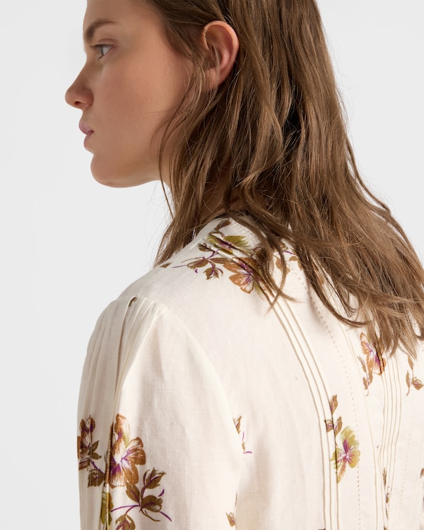 Langes Kleid aus bedrucktem Leinen - Tabak Langes Kleid aus bedrucktem Leinen - Tabak