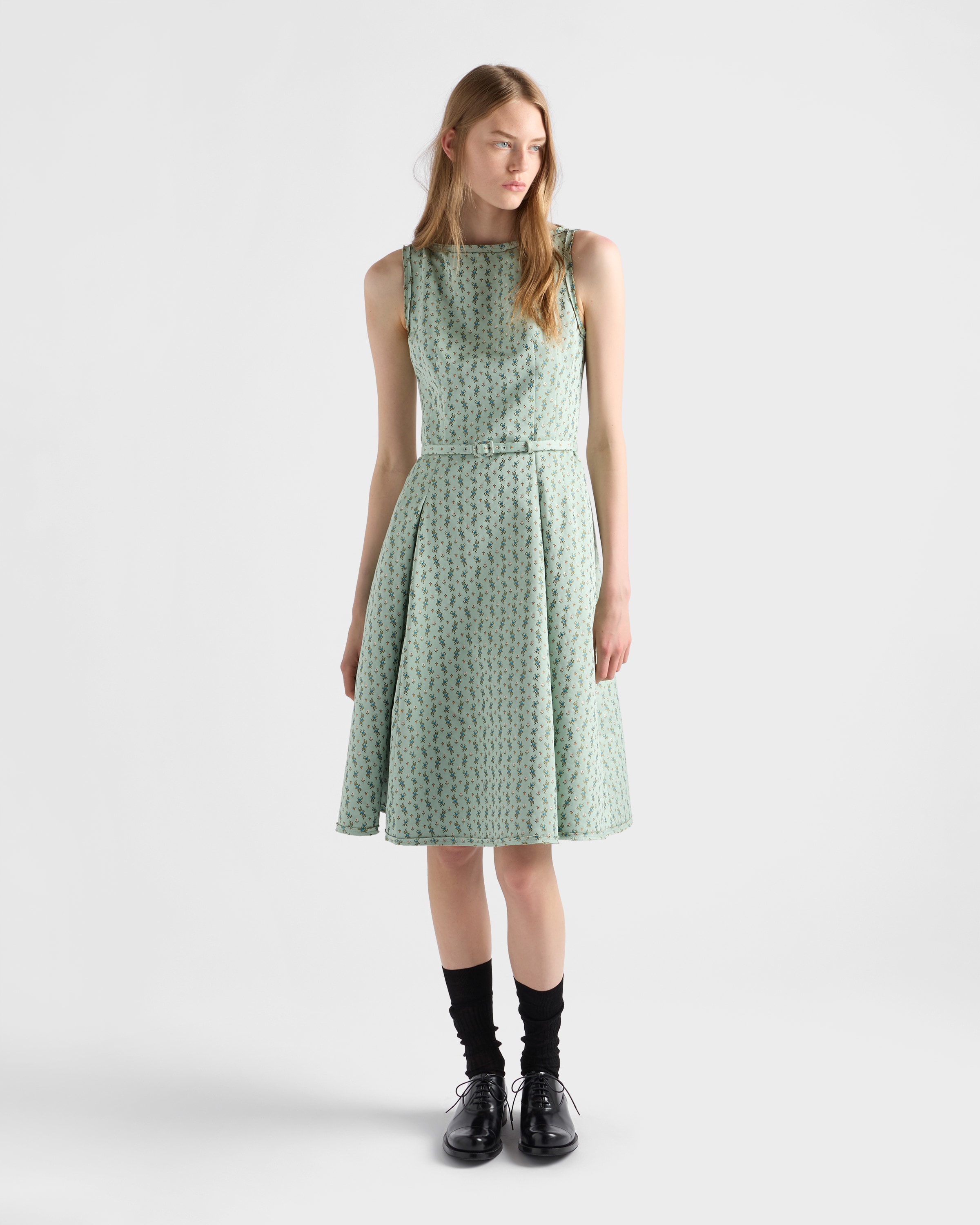 Chlorophyll Green Floral Print Duchess Dress | PRADA - Luxembourg