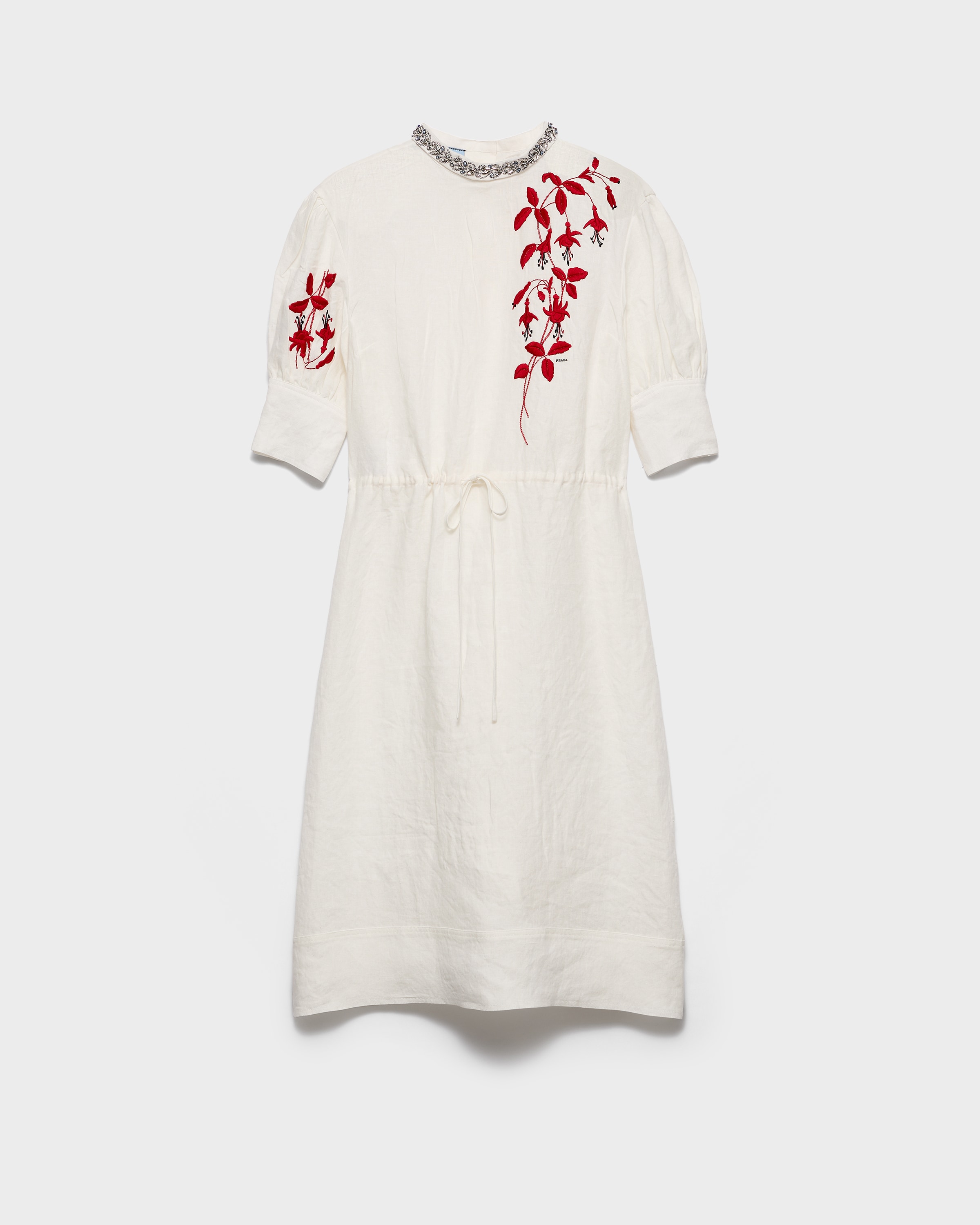 Ivory/burgundy Embroidered Slubbed Fabric Dress | PRADA - United