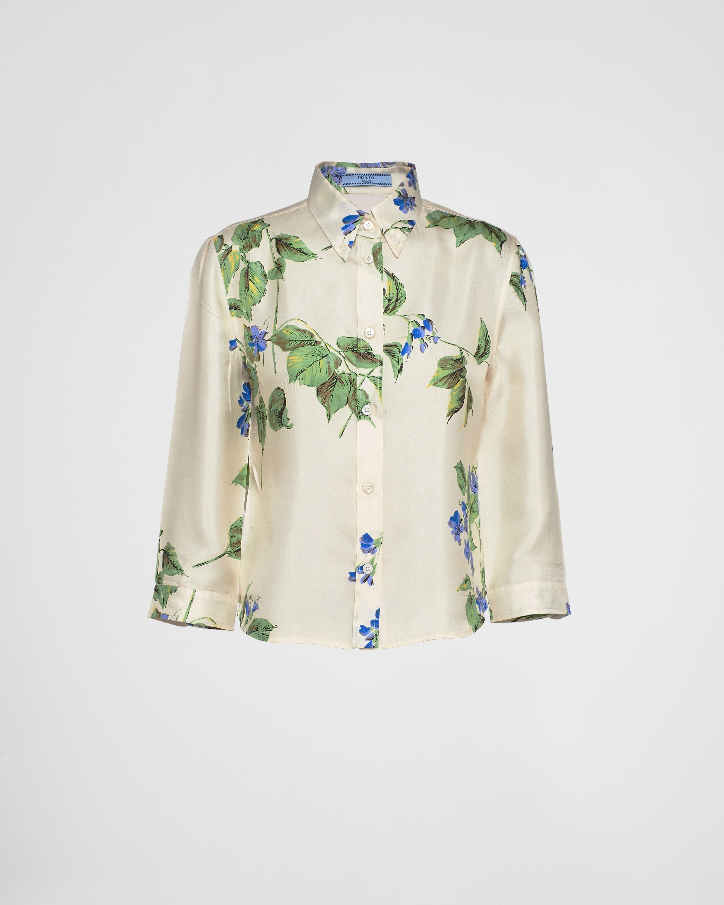 Prada Floral Print Silk Shirt In Chalk White