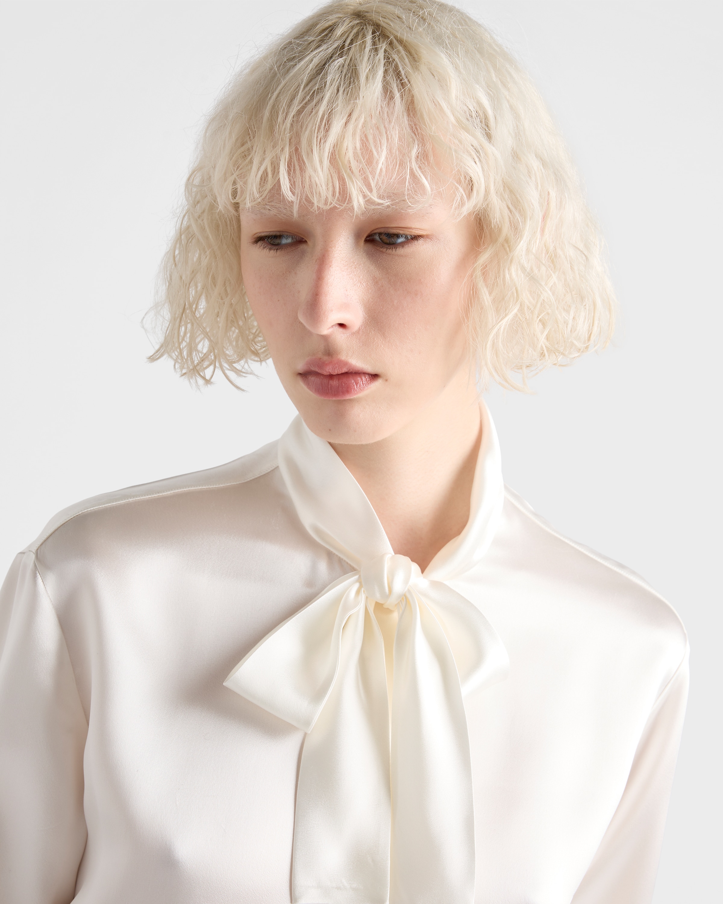 Prada Satin Bow-neck Button-down Blouse In White