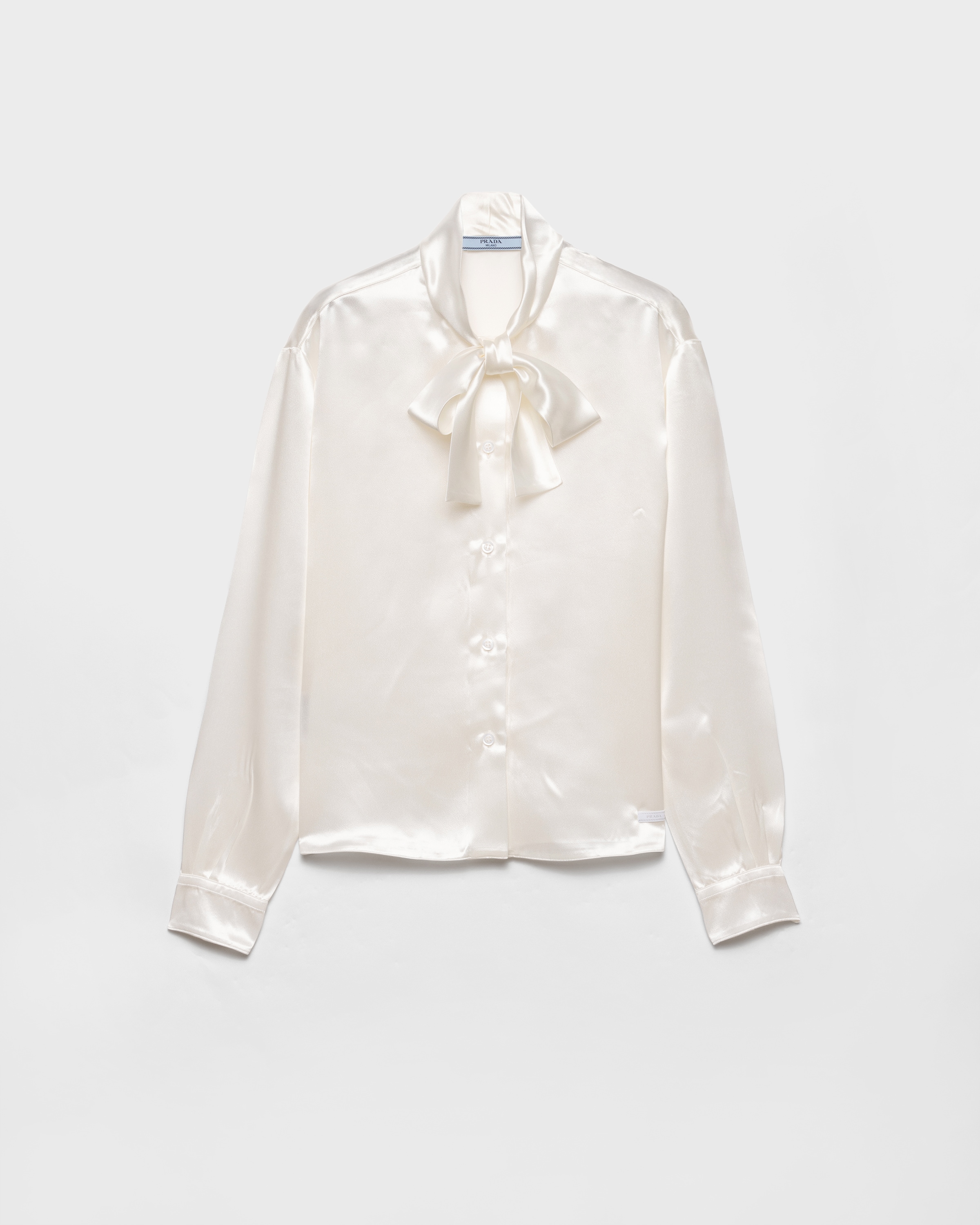 Prada Satin Bow-neck Button-down Blouse In White