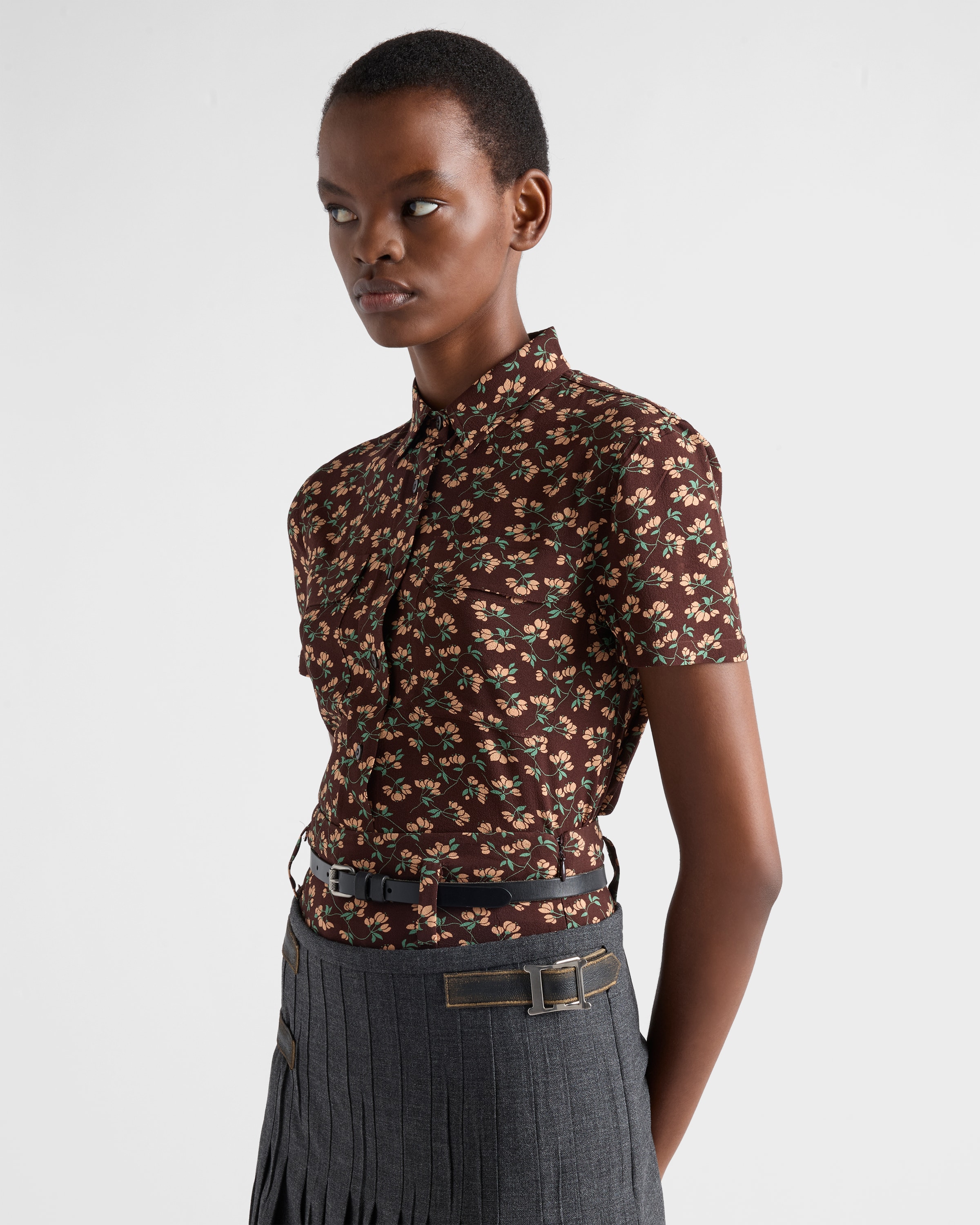 Prada Floral Silk Georgette Blouse In Brown